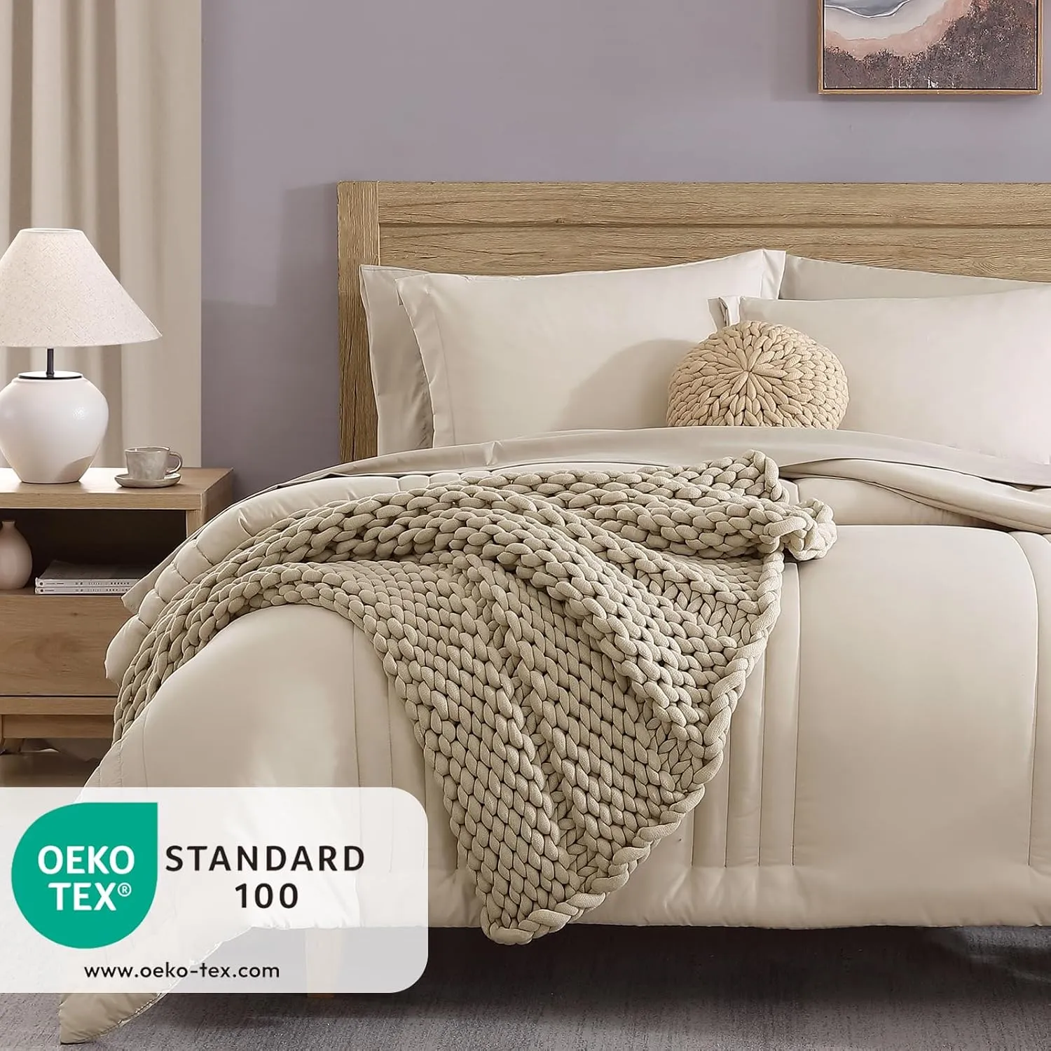 Monbix Queen Comforter Set - 7 Pieces Apricot Beige Bed in a Bag Queen Bedding Sets with Comforters, All Seasons Down Alternative Comforter Bed Set with Sheets,Pillowcases & Shams