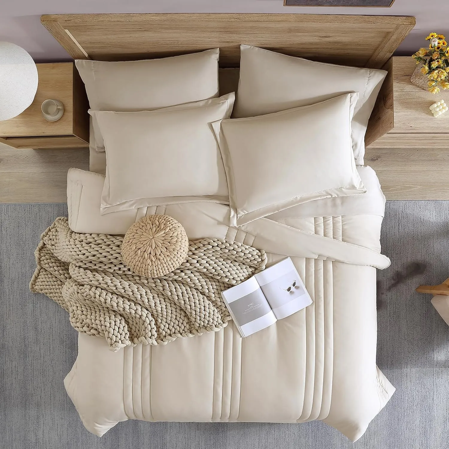 Monbix Queen Comforter Set - 7 Pieces Apricot Beige Bed in a Bag Queen Bedding Sets with Comforters, All Seasons Down Alternative Comforter Bed Set with Sheets,Pillowcases & Shams