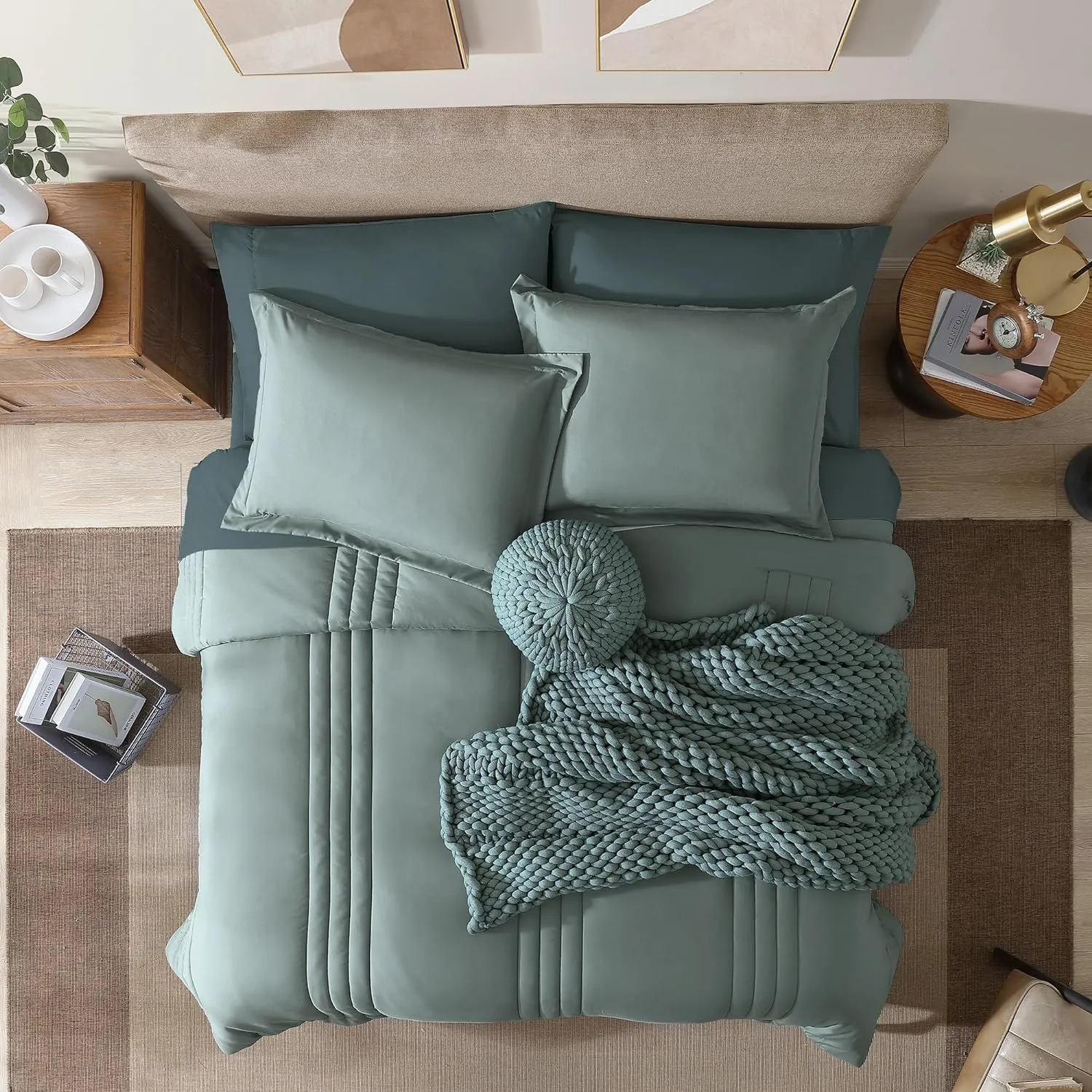 Monbix Queen Comforter Set - 7 Pieces Sage Green Bed in a Bag Queen Bedding Sets with Comforters, All Seasons Down Alternative Comforter Bed Set with Sheets,Pillowcases & Shams