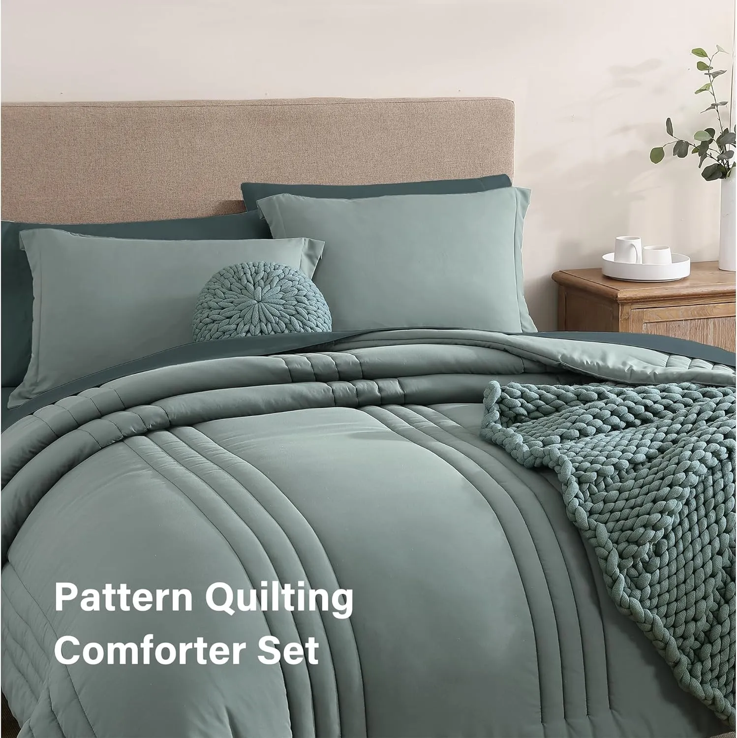 Monbix Queen Comforter Set - 7 Pieces Sage Green Bed in a Bag Queen Bedding Sets with Comforters, All Seasons Down Alternative Comforter Bed Set with Sheets,Pillowcases & Shams