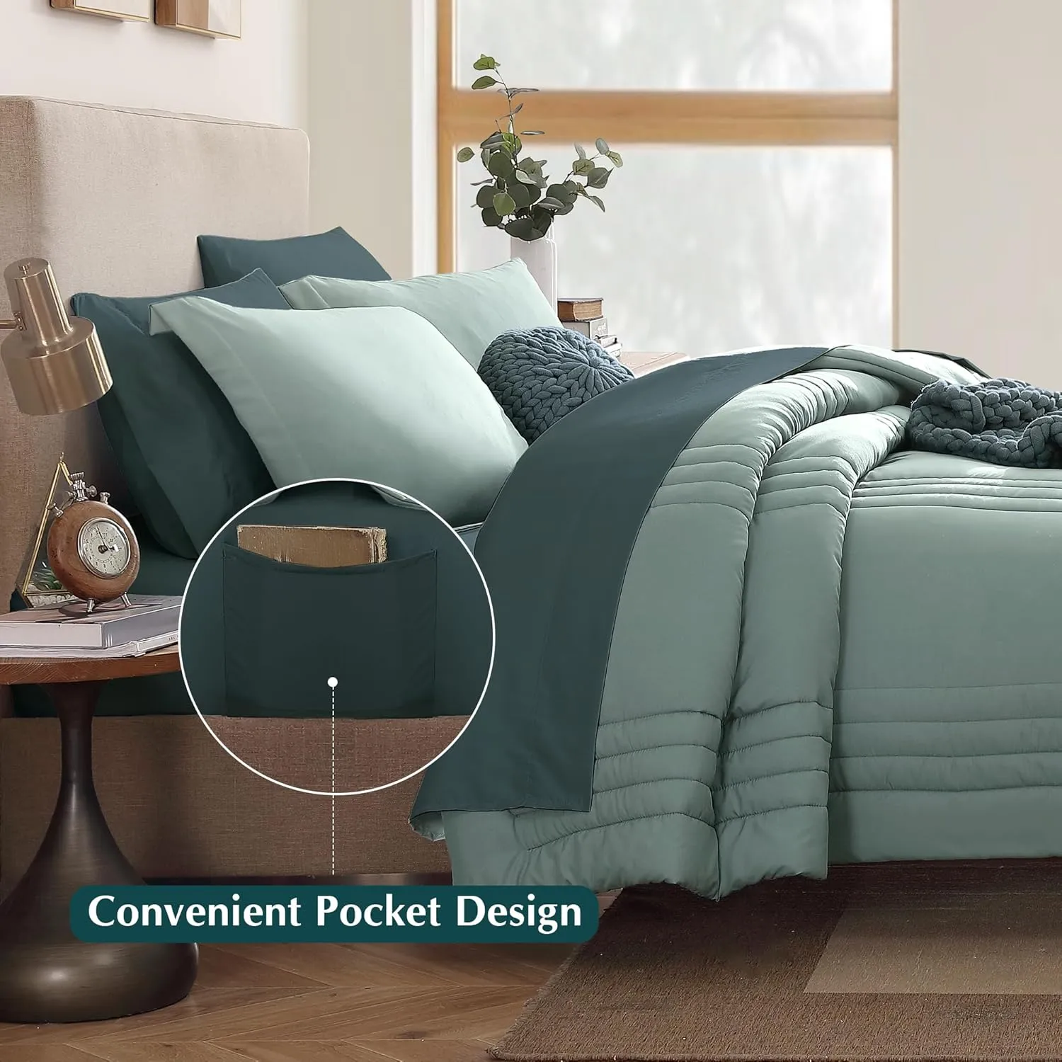 Monbix Queen Comforter Set - 7 Pieces Sage Green Bed in a Bag Queen Bedding Sets with Comforters, All Seasons Down Alternative Comforter Bed Set with Sheets,Pillowcases & Shams