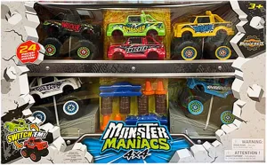 Monster Maniacs: Switch 'EMS Monster Trucks - 24pc Set, 6 Friction Powered Toy Vehicles, Mix & Match Bodies, Crushed Cars, Ramps-Accessories, Kids 3 