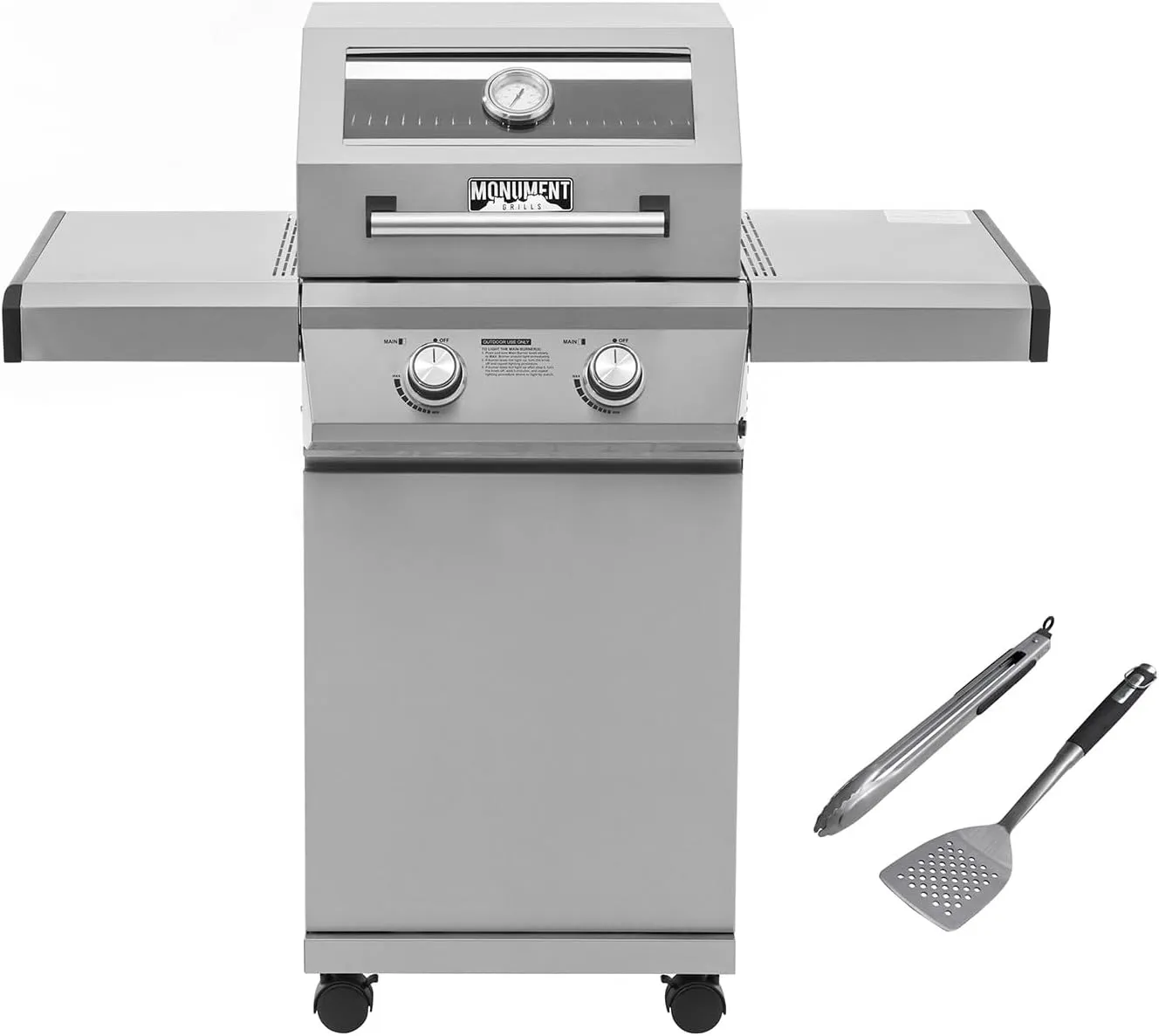 Monument Grills 14633 2-Burner Stainless Steel Liquid Propane Gas Grill with Clearview® Lid, Knob Controls with Barbecue Tool Set(2 items)