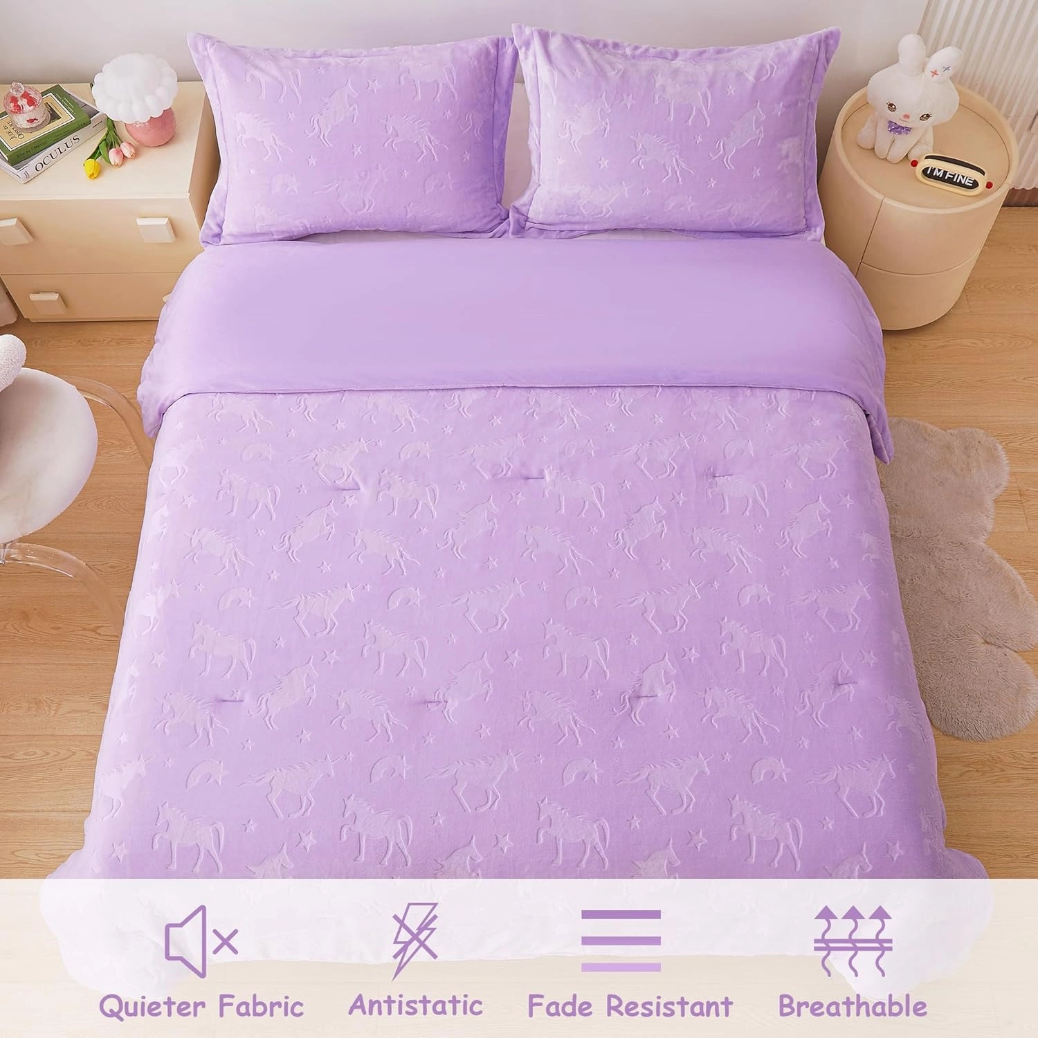 Mooreeke Full Kids Comforter Bed Set, Embossed Plush Fleece Soft & Warm 3 Piece Bed in A Bag with Shams, Velour Velvet Purple Unicorn Girls Kids Bedding Set, Fluffy Fuzzy Polar Cozy and Stylish