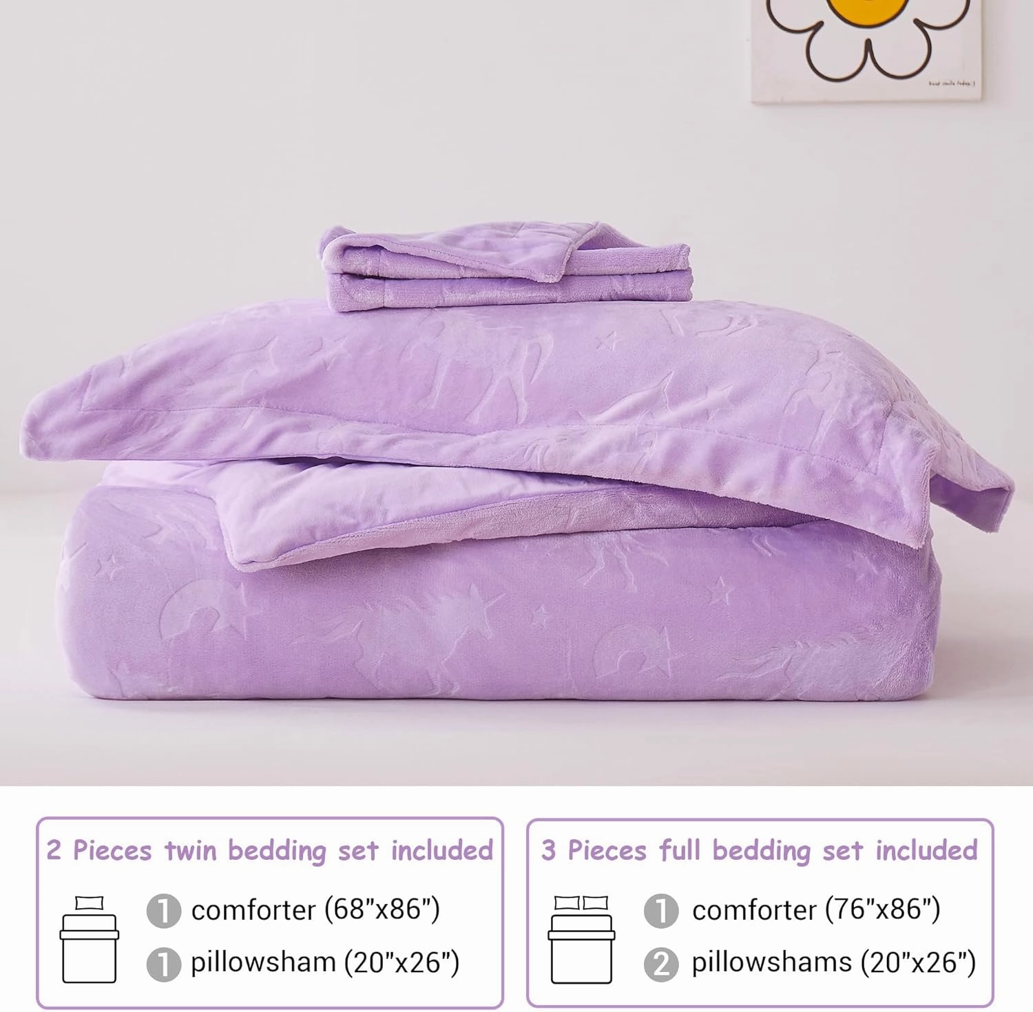 Mooreeke Full Kids Comforter Bed Set, Embossed Plush Fleece Soft & Warm 3 Piece Bed in A Bag with Shams, Velour Velvet Purple Unicorn Girls Kids Bedding Set, Fluffy Fuzzy Polar Cozy and Stylish