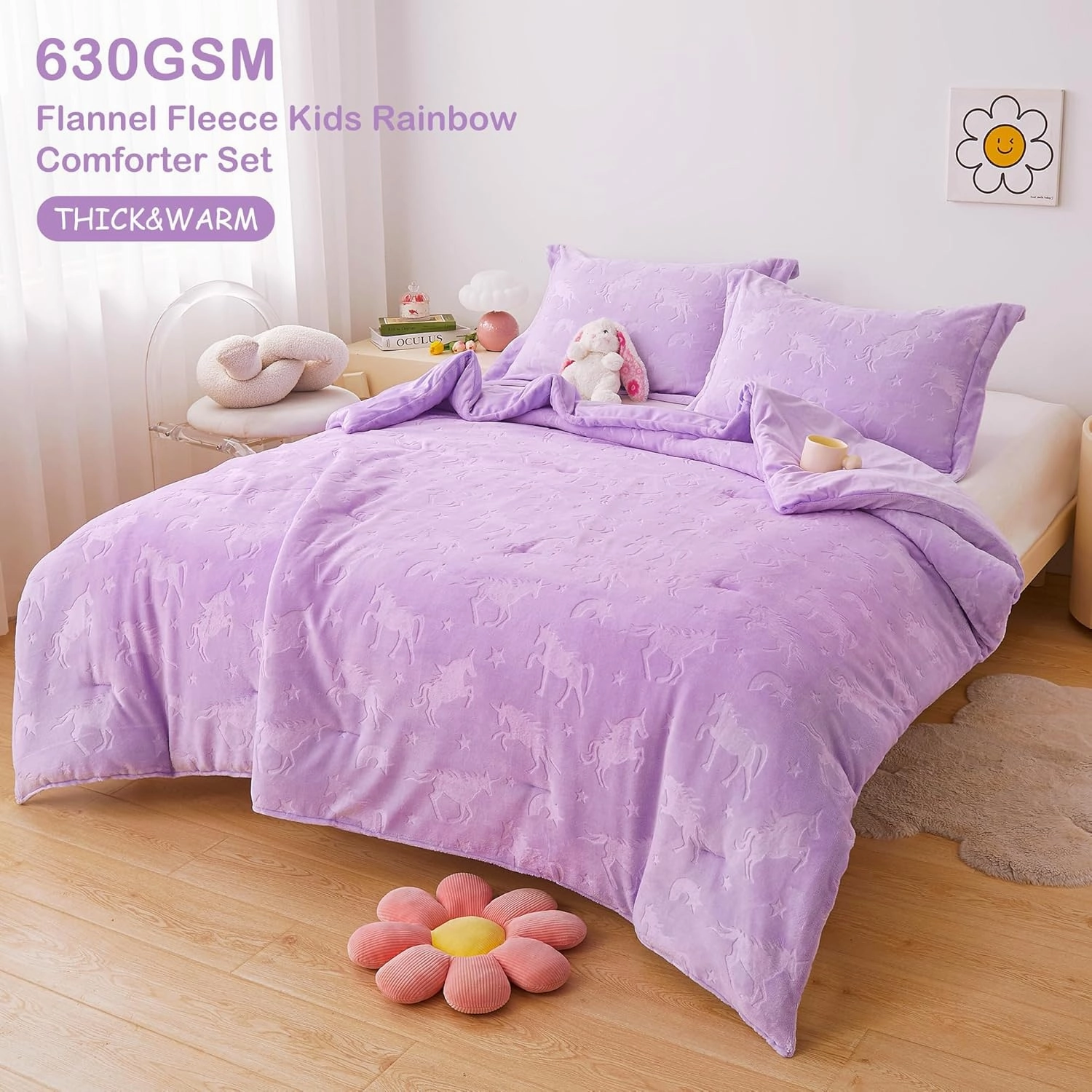 Mooreeke Full Kids Comforter Bed Set, Embossed Plush Fleece Soft & Warm 3 Piece Bed in A Bag with Shams, Velour Velvet Purple Unicorn Girls Kids Bedding Set, Fluffy Fuzzy Polar Cozy and Stylish