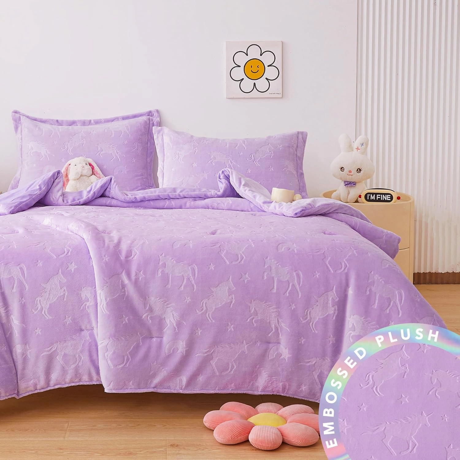 Mooreeke Full Kids Comforter Bed Set, Embossed Plush Fleece Soft & Warm 3 Piece Bed in A Bag with Shams, Velour Velvet Purple Unicorn Girls Kids Bedding Set, Fluffy Fuzzy Polar Cozy and Stylish