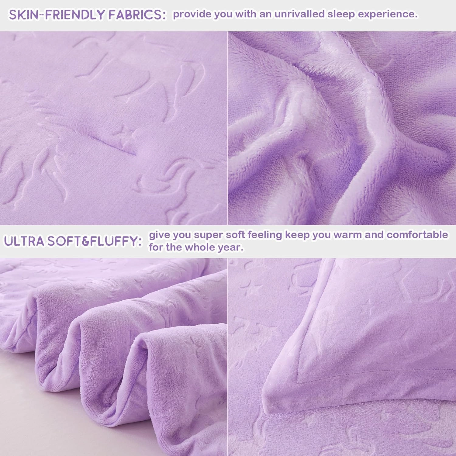 Mooreeke Full Kids Comforter Bed Set, Embossed Plush Fleece Soft & Warm 3 Piece Bed in A Bag with Shams, Velour Velvet Purple Unicorn Girls Kids Bedding Set, Fluffy Fuzzy Polar Cozy and Stylish