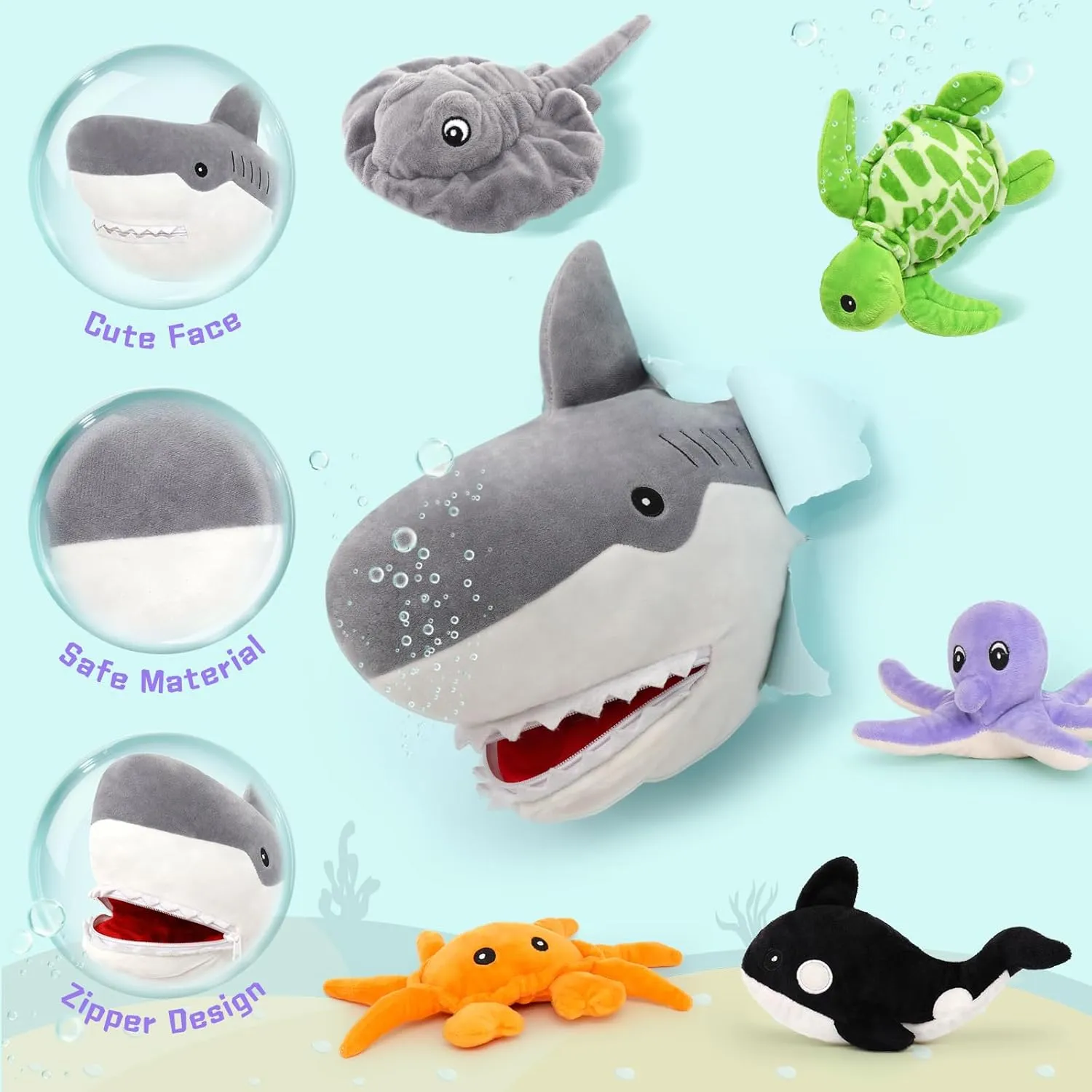 MorisMos 23in Shark Stuffed Animals with 5 Sea Stuffed Animal Friends, Stuffed Shark Plush Toy with 5 Babies Inside, Gift for Sea Animal Lovers, Kids, Girls, Boys
