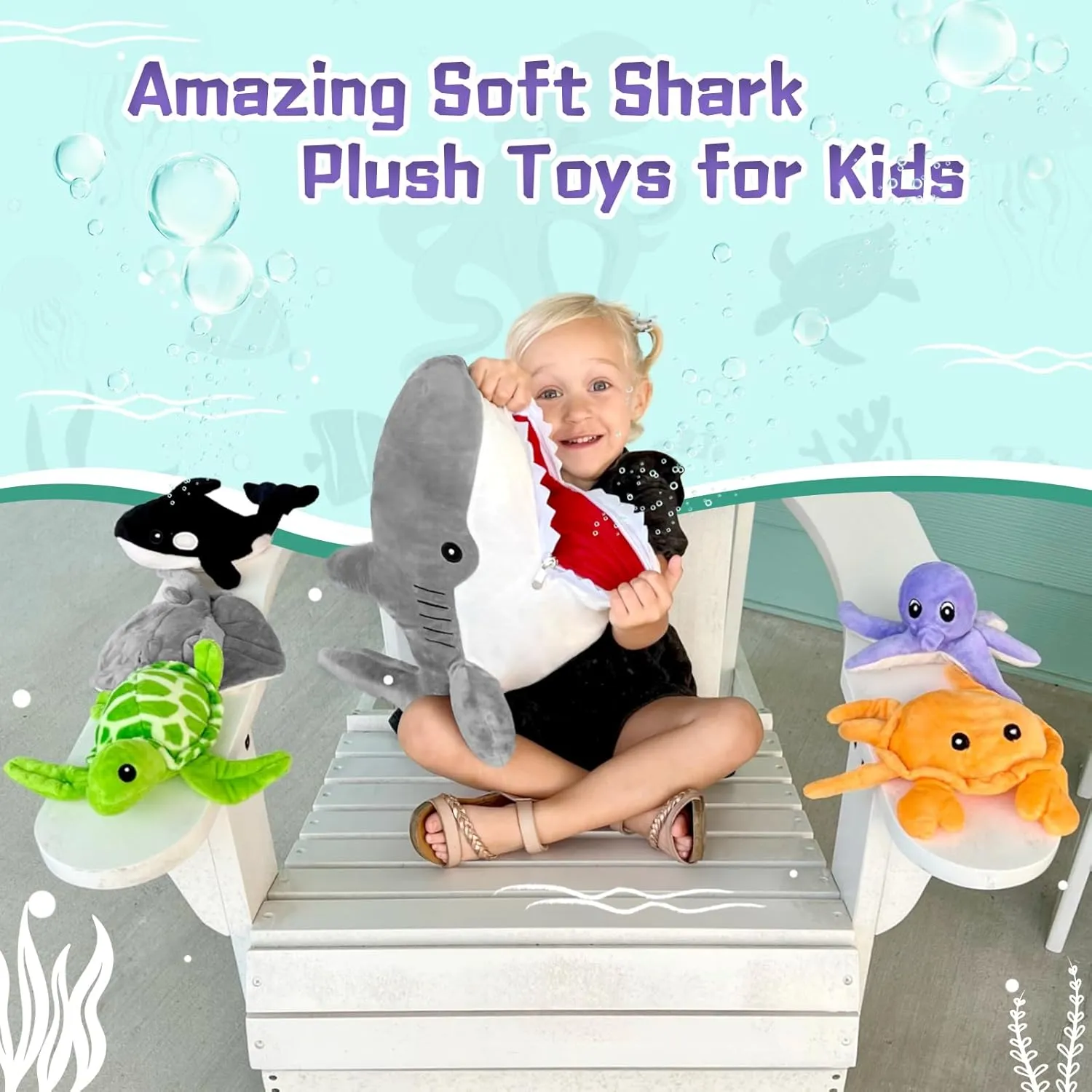 MorisMos 23in Shark Stuffed Animals with 5 Sea Stuffed Animal Friends, Stuffed Shark Plush Toy with 5 Babies Inside, Gift for Sea Animal Lovers, Kids, Girls, Boys