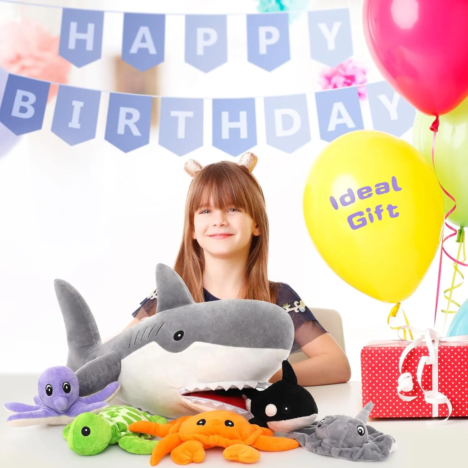 MorisMos 23in Shark Stuffed Animals with 5 Sea Stuffed Animal Friends, Stuffed Shark Plush Toy with 5 Babies Inside, Gift for Sea Animal Lovers, Kids, Girls, Boys