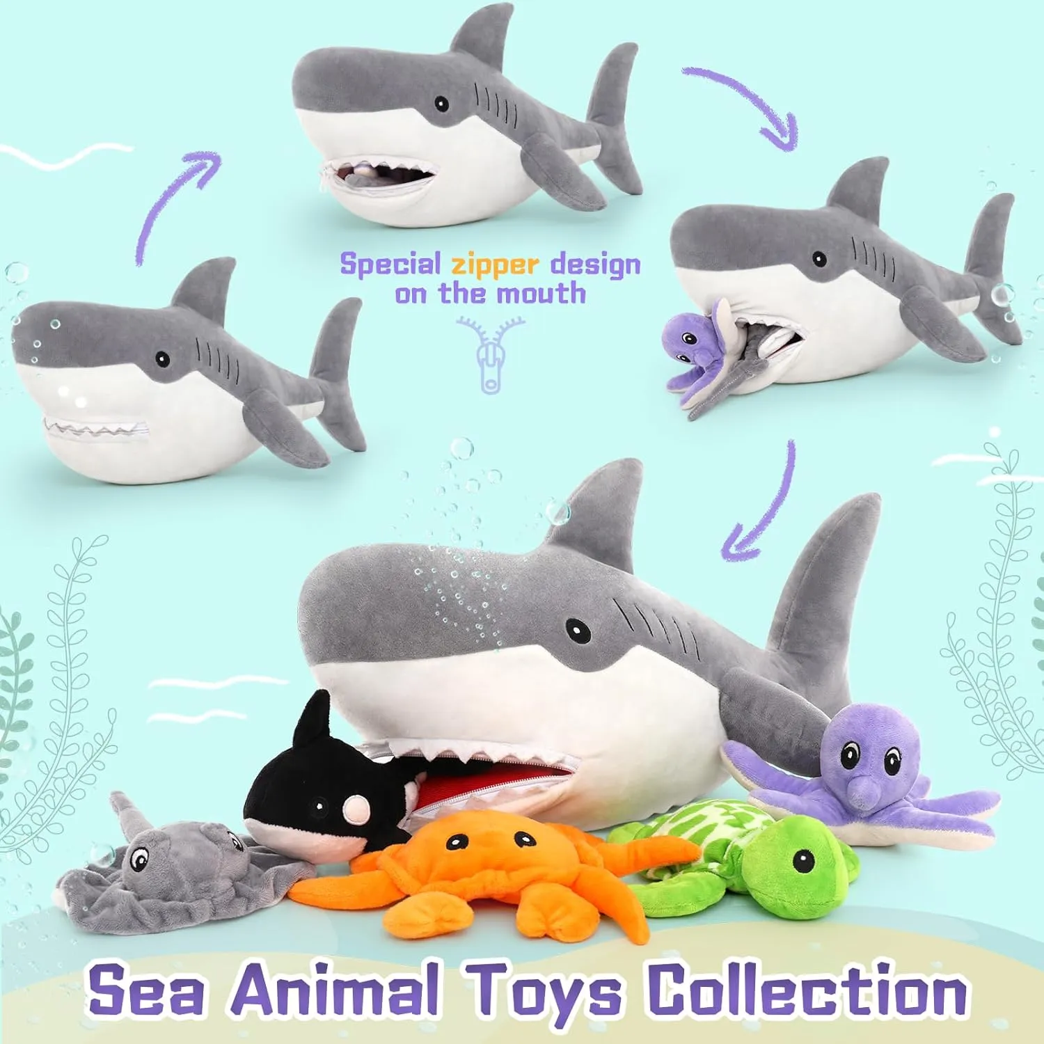 MorisMos 23in Shark Stuffed Animals with 5 Sea Stuffed Animal Friends, Stuffed Shark Plush Toy with 5 Babies Inside, Gift for Sea Animal Lovers, Kids, Girls, Boys
