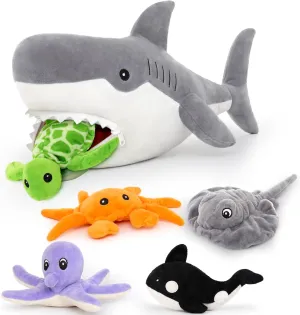 MorisMos 23in Shark Stuffed Animals with 5 Sea Stuffed Animal Friends, Stuffed Shark Plush Toy with 5 Babies Inside, Gift for Sea Animal Lovers, Kids, Girls, Boys