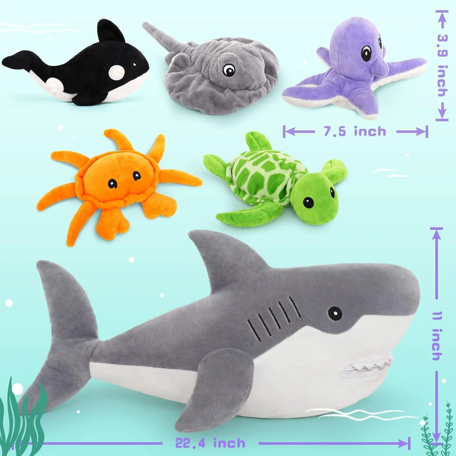 MorisMos 23in Shark Stuffed Animals with 5 Sea Stuffed Animal Friends, Stuffed Shark Plush Toy with 5 Babies Inside, Gift for Sea Animal Lovers, Kids, Girls, Boys
