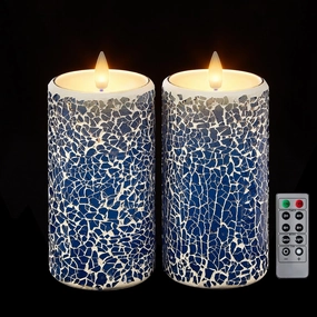 Mosaic Flameless Pillar Candles Flickering with Remote Timer, Battery Candles Up to 400 Hours, 3D Moving Flame Real Wax Candles, Set of 2, 3 x H6 Inches, Remote Included (Blue, 6in)