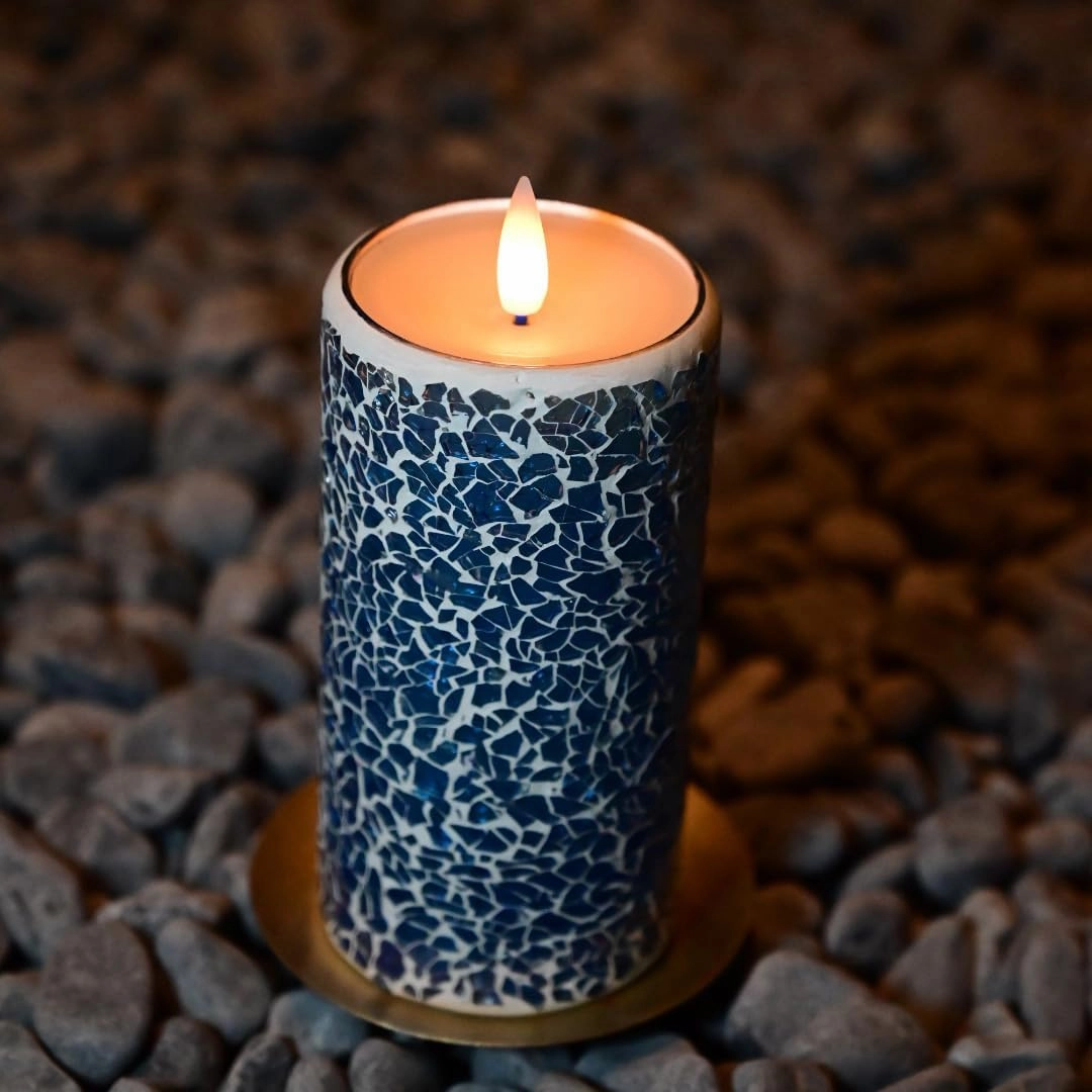 Mosaic Flameless Pillar Candles Flickering with Remote Timer, Battery Candles Up to 400 Hours, 3D Moving Flame Real Wax Candles, Set of 2, 3 x H6 Inches, Remote Included (Blue, 6in)