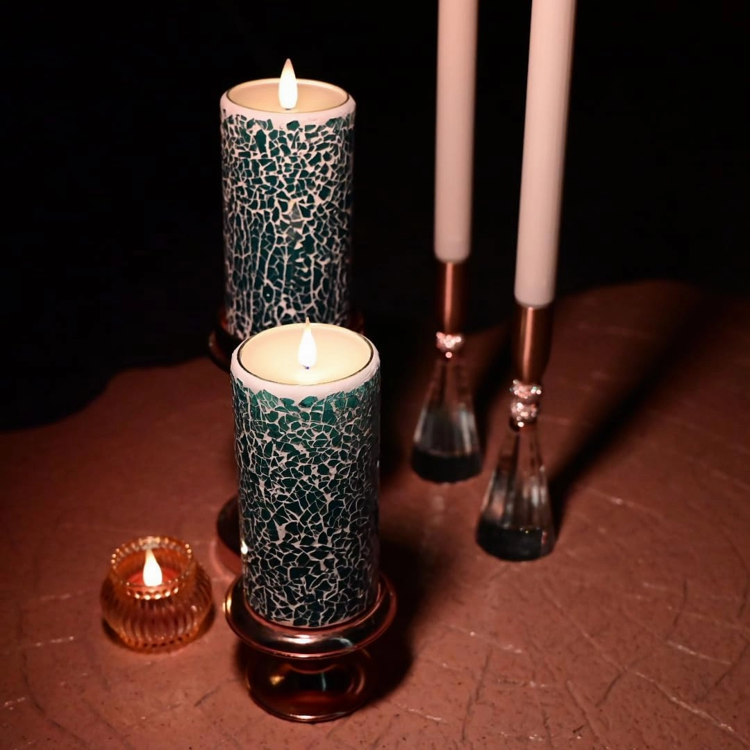 Mosaic Flameless Pillar Candles Flickering with Remote Timer, Battery Candles Up to 400 Hours, 3D Moving Flame Real Wax Candles, Set of 2, 3 x H6 Inches, Remote Included (Blue, 6in)
