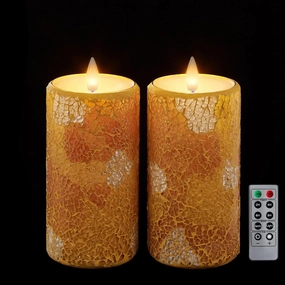 Mosaic Flameless Pillar Candles Flickering with Remote Timer, Battery Candles Up to 400 Hours, 3D Moving Flame Real Wax Candles, Set of 2, 3 x H6 Inches, Remote Included (Yellow, 6in)