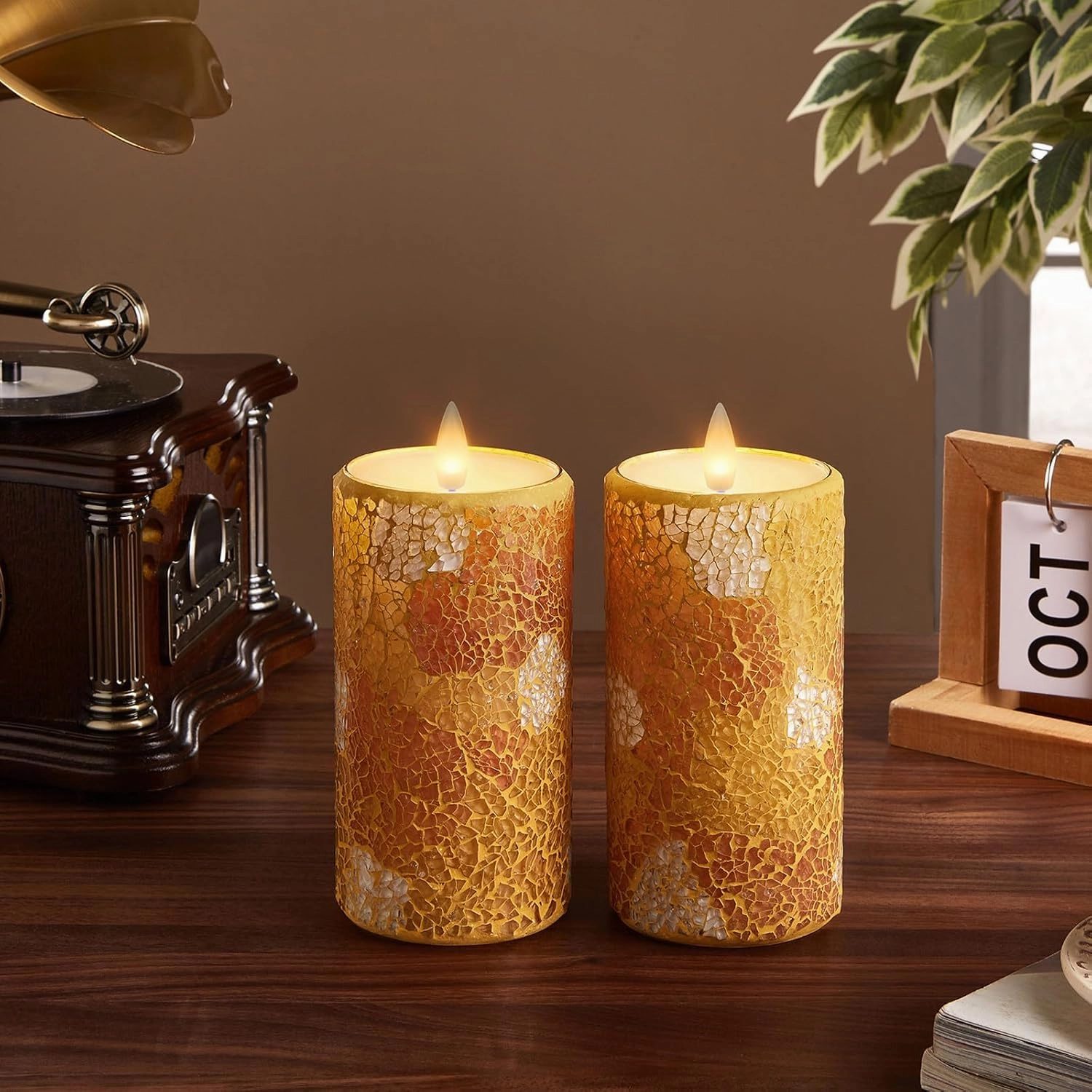 Mosaic Flameless Pillar Candles Flickering with Remote Timer, Battery Candles Up to 400 Hours, 3D Moving Flame Real Wax Candles, Set of 2, 3 x H6 Inches, Remote Included (Yellow, 6in)