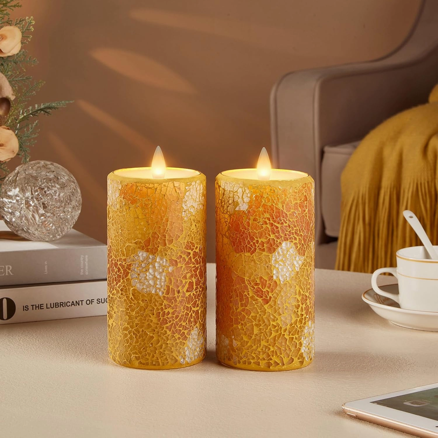 Mosaic Flameless Pillar Candles Flickering with Remote Timer, Battery Candles Up to 400 Hours, 3D Moving Flame Real Wax Candles, Set of 2, 3 x H6 Inches, Remote Included (Yellow, 6in)