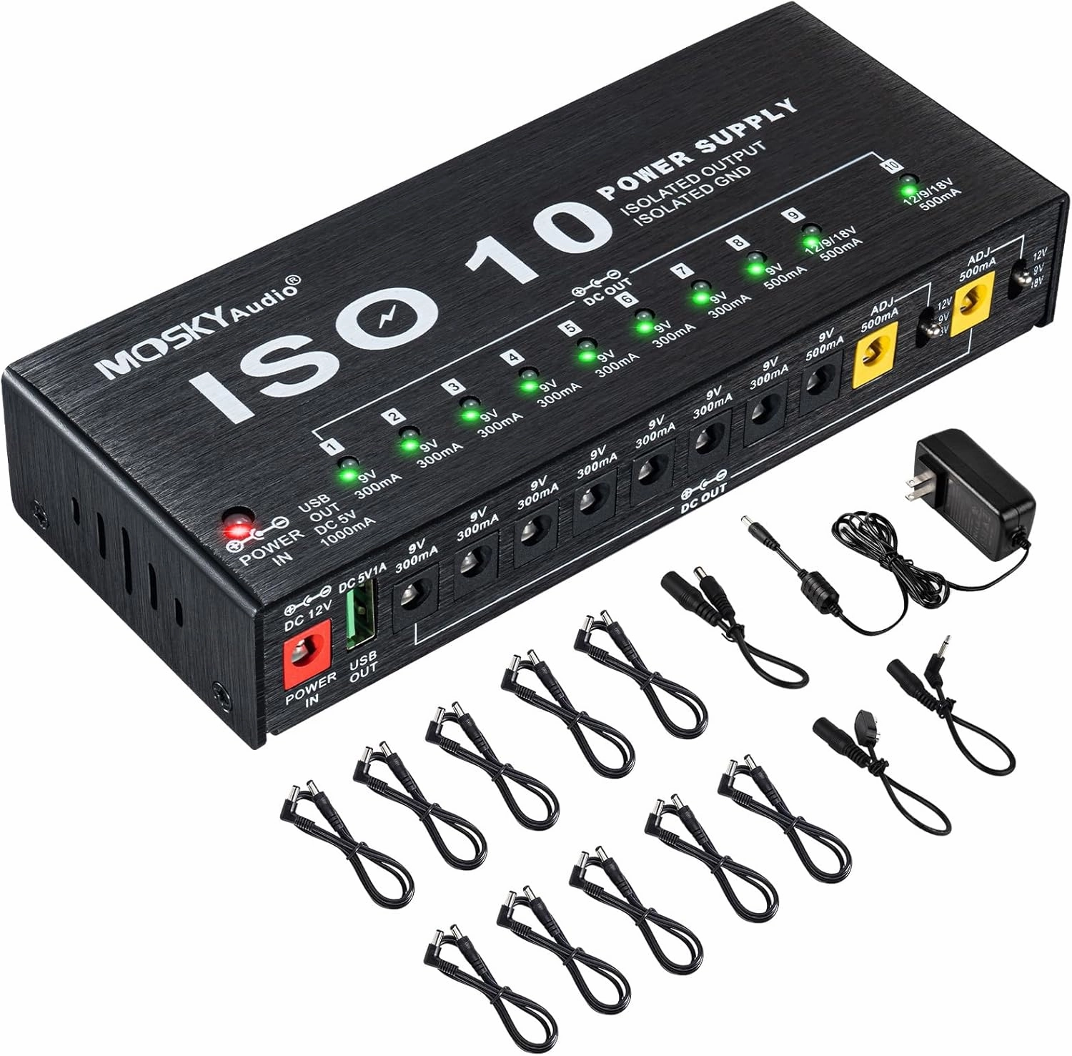 Mosky Guitar Pedal Power Supply 10 Isolated DC Output, 9V 12V 18V 300mA 500mA Effect Pedal Boards Power Supply with USB Port, Short Circuit Overcurrent Protection