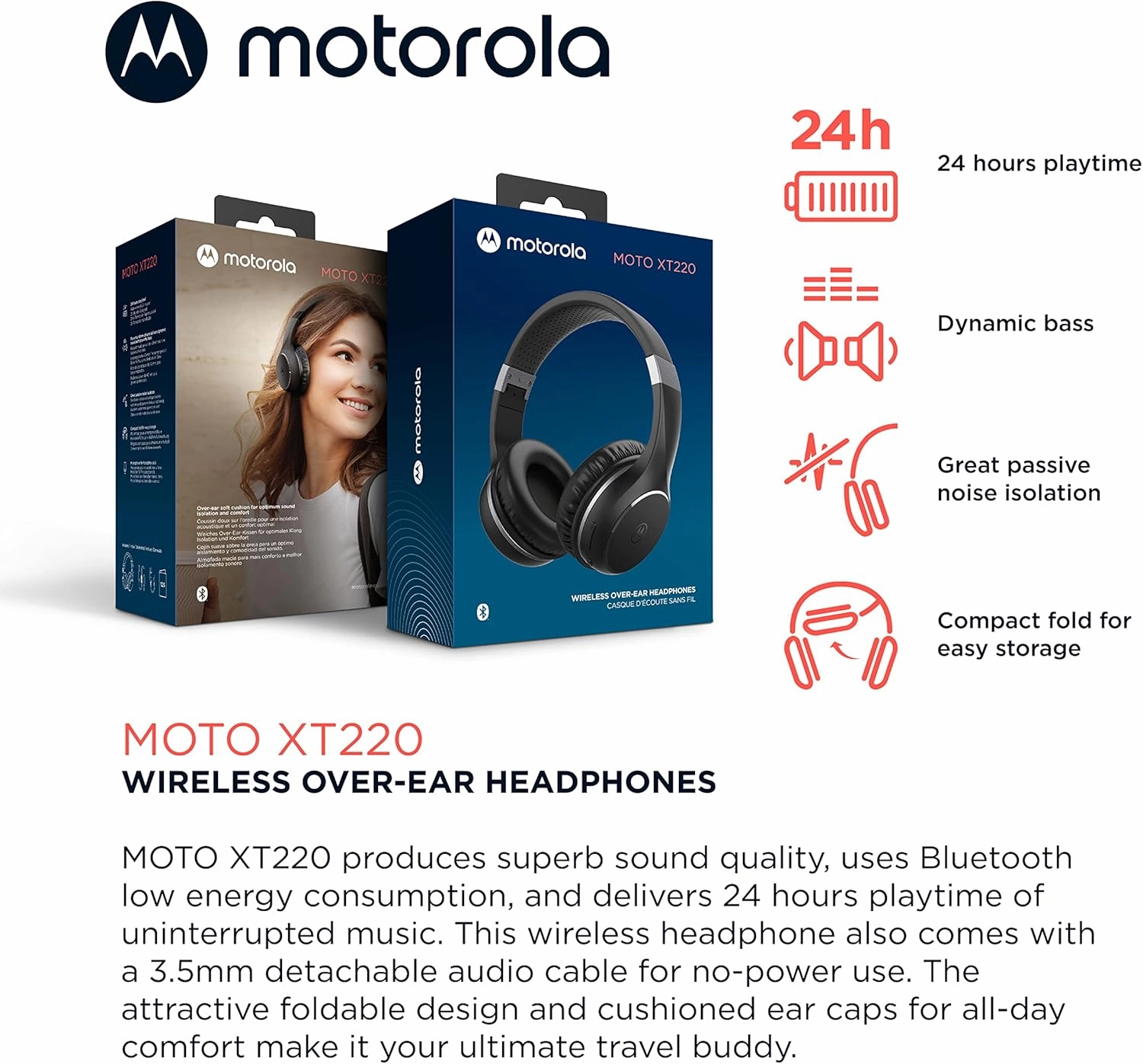 Motorola Sound Moto XT220 Bluetooth Wireless Headphones with Microphone, in-Line Control for Calls - Foldable Over-Ear Head Phones, Adjustable Headband, Dynamic Bass, Clear Sound - Black