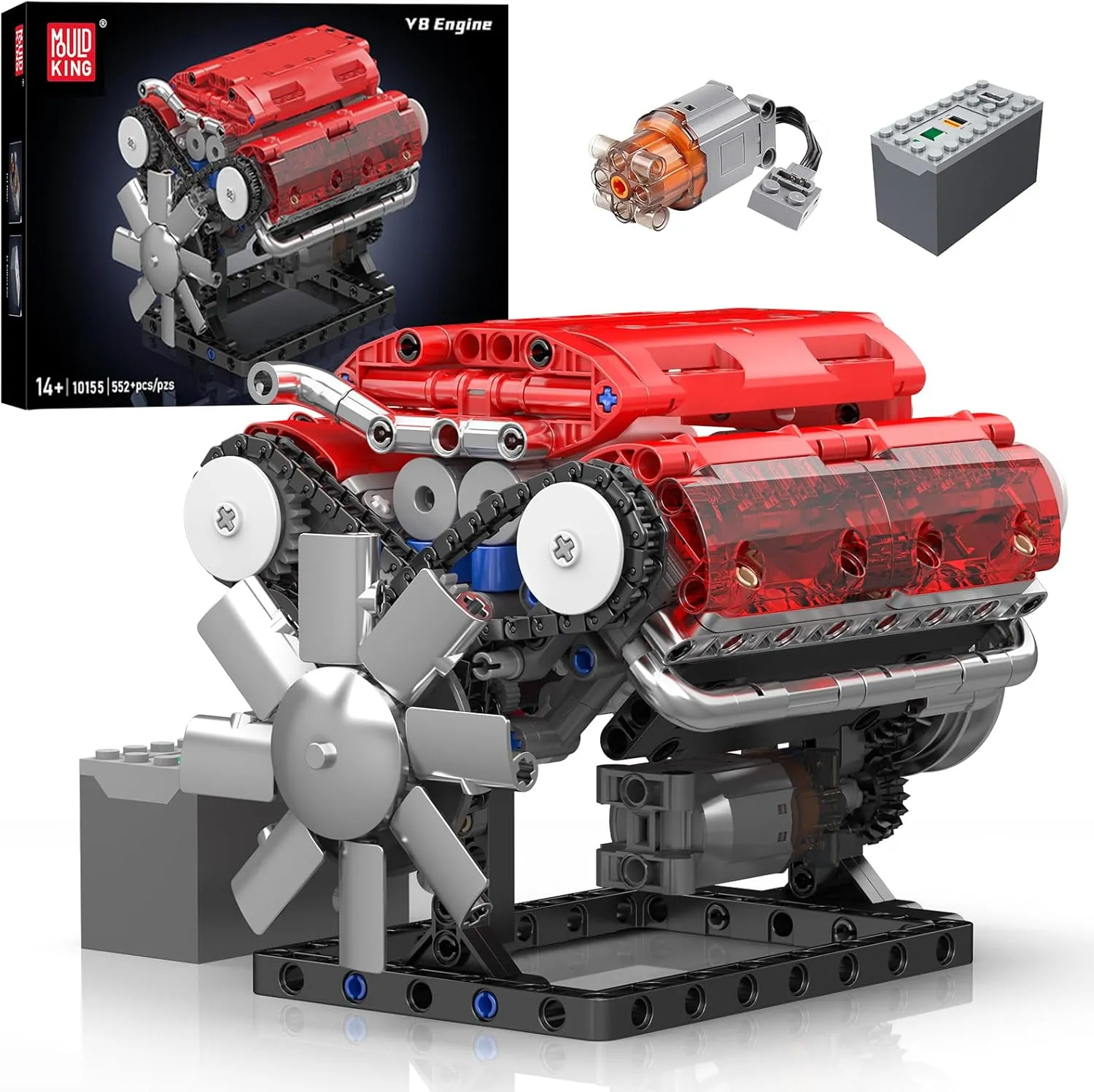 Mould King V8 Engine Building Blocks Sets, 10155 Model Engines Kit That Runs, 8-Cylinder Sports Car Engine Build Kits for Adults with Battery and Motor, Construction STEM Toy for Boys Girls (552 Pcs)