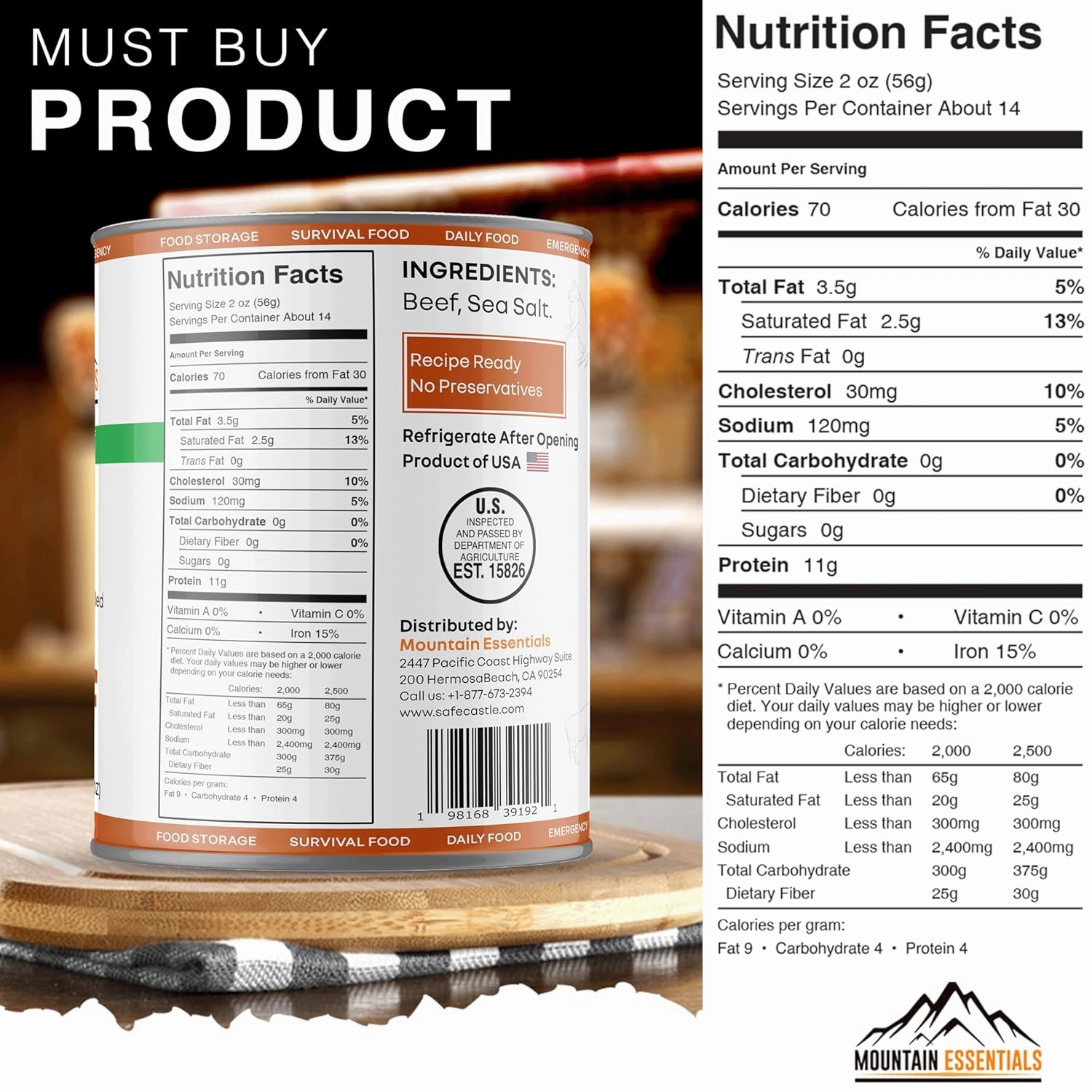 MOUNTAIN ESSENTIALS All Natural Fully Cooked Ready to Eat Canned Beef 28 Oz Gluten Free | No Carbs | No Water Added | No Artificial Ingredients Daily Survival & Emergency Food For Camping Pack of 6