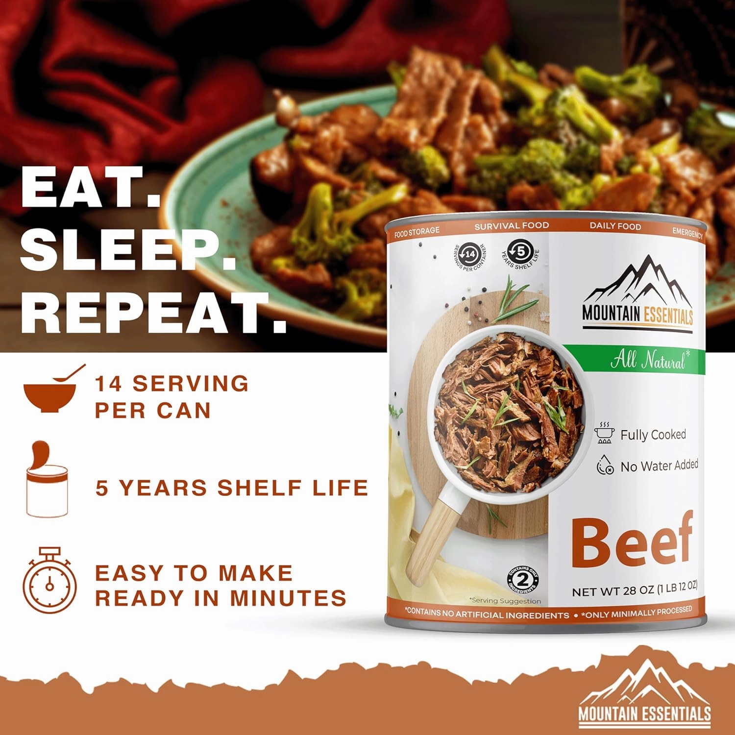MOUNTAIN ESSENTIALS All Natural Fully Cooked Ready to Eat Canned Beef 28 Oz Gluten Free | No Carbs | No Water Added | No Artificial Ingredients Daily Survival & Emergency Food For Camping Pack of 6