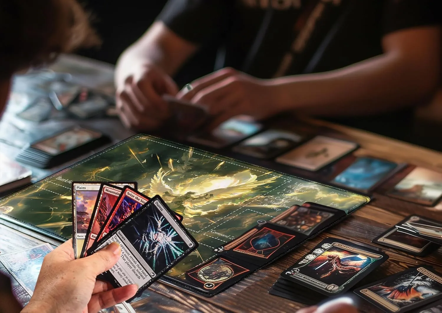 MTG Playmat 24” x 14”, Unique Art Playmat with Zones, Fits MTG Foundations, Poké, TCG, Yu-Gi-Oh!, Lorcana & Middle Earth Card Mat, Ultra Pro Quality, Free Storage Bag (Blade of Goldnight)