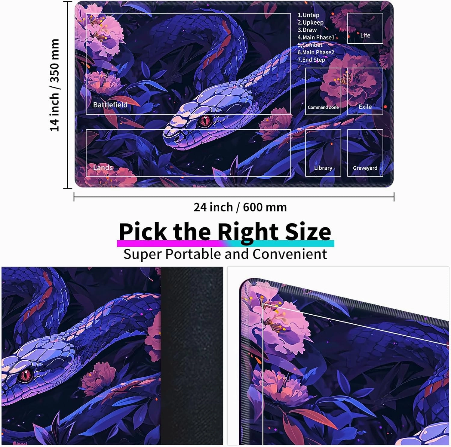 MTG Playmats for Magic The Gathering-Play Mat,Game Play Mat for MTG TCG 24" x 14" Board Game Card Game Trading Card Game Play Mat with Zones&Storage Bag,Mousepad Desk Mats,Purple Snake Flower