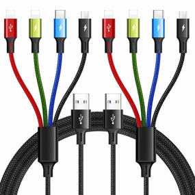 Multi Charging Cable 3.5A Multiple Charger Cable Braided 4 in 1 Multi USB Cable Fast Charging Cord with IP/Type C/Micro Ports for Cell Phones/iPhone Series/Tablets/Samsung Galaxy & More (2Pack 4Ft)