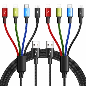 Multi Charging Cable 3.5A Multiple Charger Cable Braided 4 in 1 Multi USB Cable Fast Charging Cord with IP/Type C/Micro Ports for Cell Phones/iPhone Series/Tablets/Samsung Galaxy & More (2Pack 4Ft)