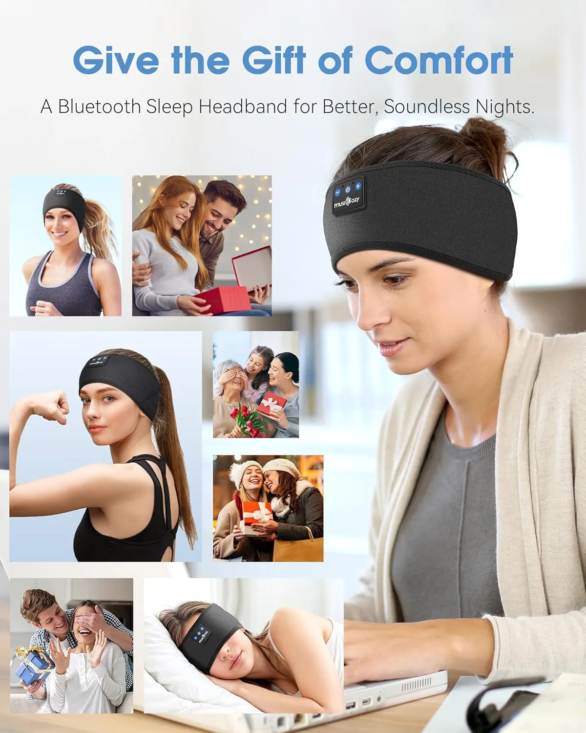 MUSICOZY Sleep Headphones Headband, Wireless Earbuds Earphones Sweat Resistant with Ultra-Thin HD Stereo Speaker, Bluetooth 5.4 for Workout Running Cool Gadgets Unique Gifts