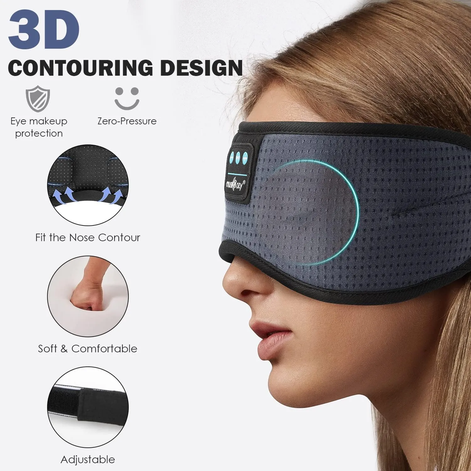 MUSICOZY White Noise Bluetooth Sleep Headphones, Bluetooth Sleep Mask 3D Wireless Music Sleeping Headphones Earbuds for Insomnia Yoga Travel Office Relax Cool Tech Gadgets Gifts, Gray