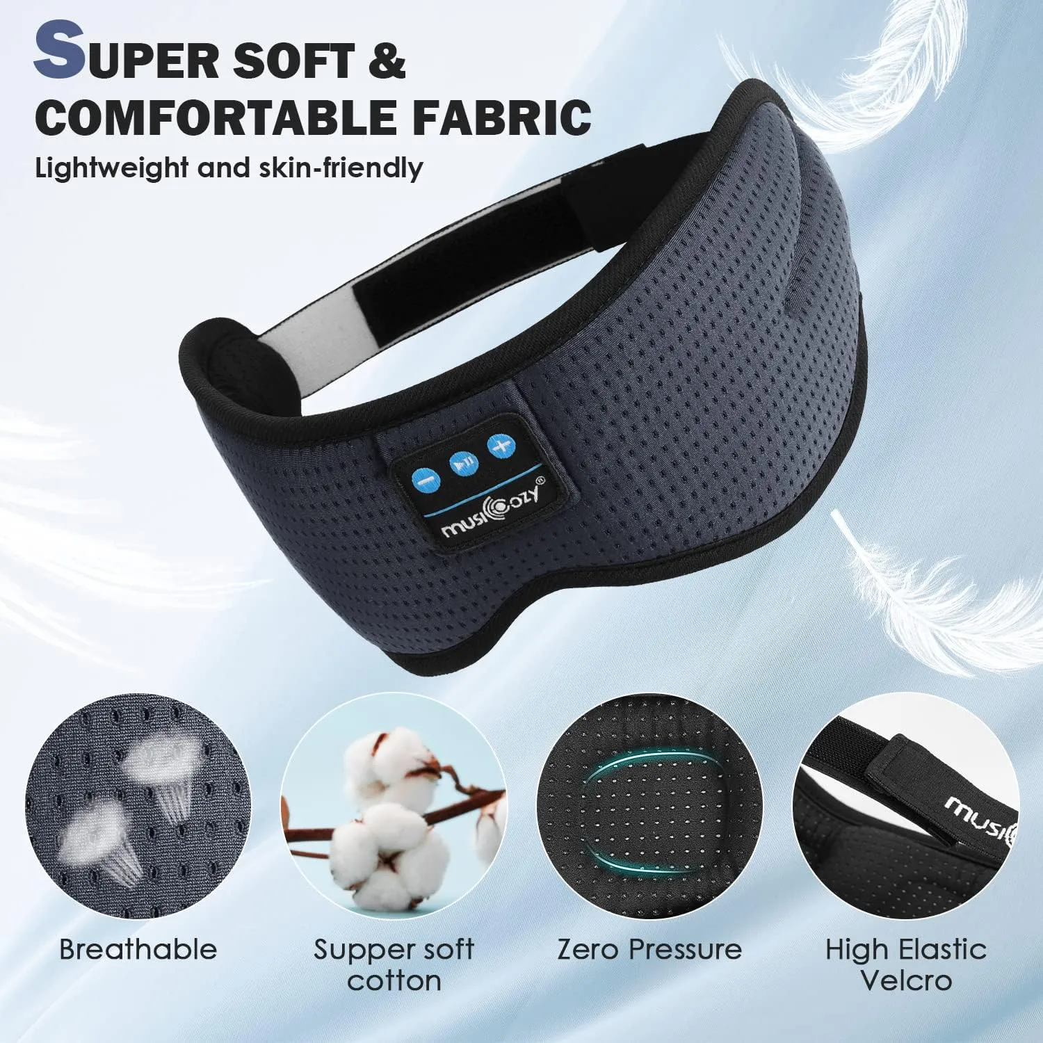 MUSICOZY White Noise Bluetooth Sleep Headphones, Bluetooth Sleep Mask 3D Wireless Music Sleeping Headphones Earbuds for Insomnia Yoga Travel Office Relax Cool Tech Gadgets Gifts, Gray