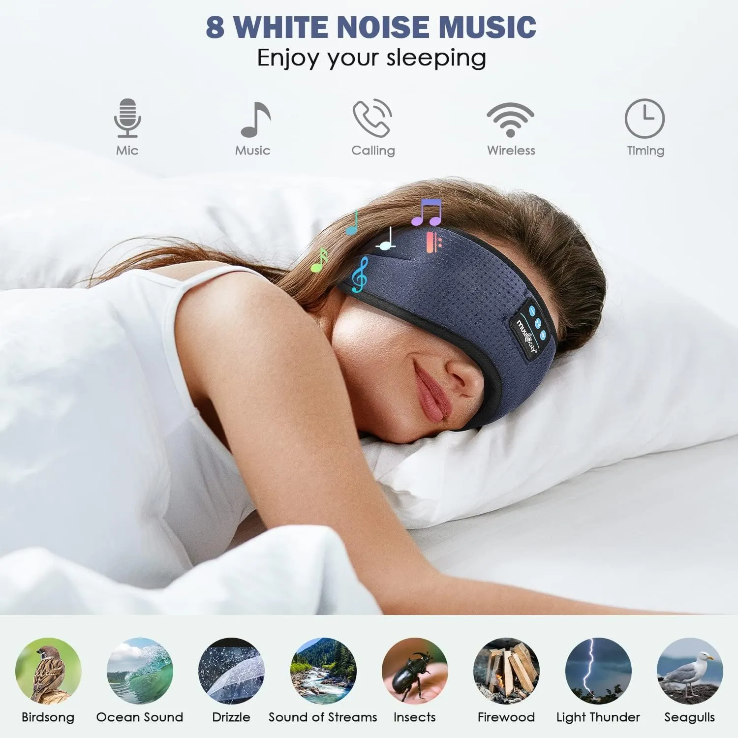 MUSICOZY White Noise Bluetooth Sleep Headphones, Bluetooth Sleep Mask 3D Wireless Music Sleeping Headphones Earbuds for Insomnia Yoga Travel Office Relax Cool Tech Gadgets Gifts, Gray