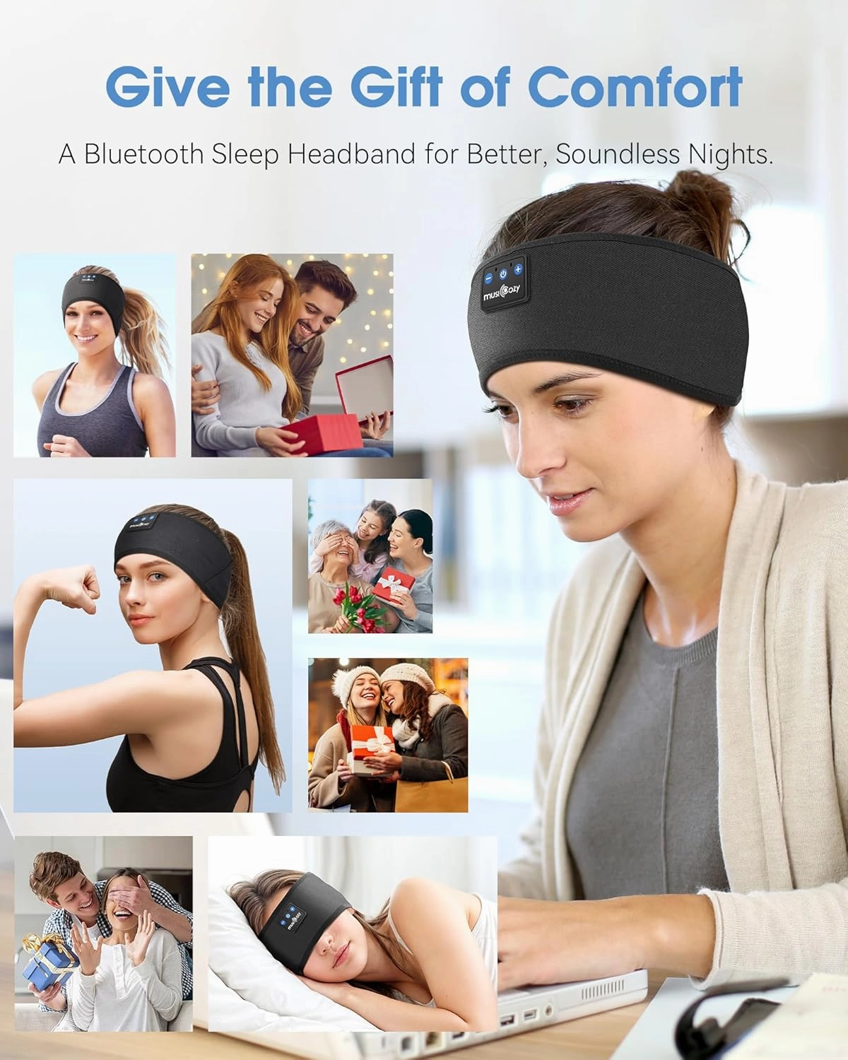 MUSICOZY Sleep Headphones Headband, Wireless Earbuds Earphones Sweat Resistant with Ultra-Thin HD Stereo Speaker, Bluetooth 5.4 for Workout Running Cool Gadgets Unique Gifts