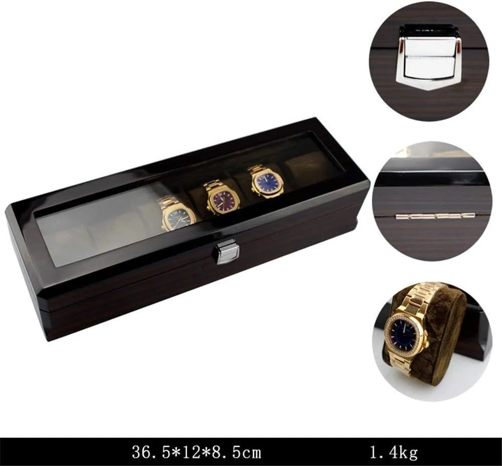 MUSUMI Watch Case Watch Jewelry Storage Box Spray Paint Transparent Glass Wooden Display Box (Color : Black, Size : 36.5x12x8.5cm) (Black 36.5x12x8.5cm)
