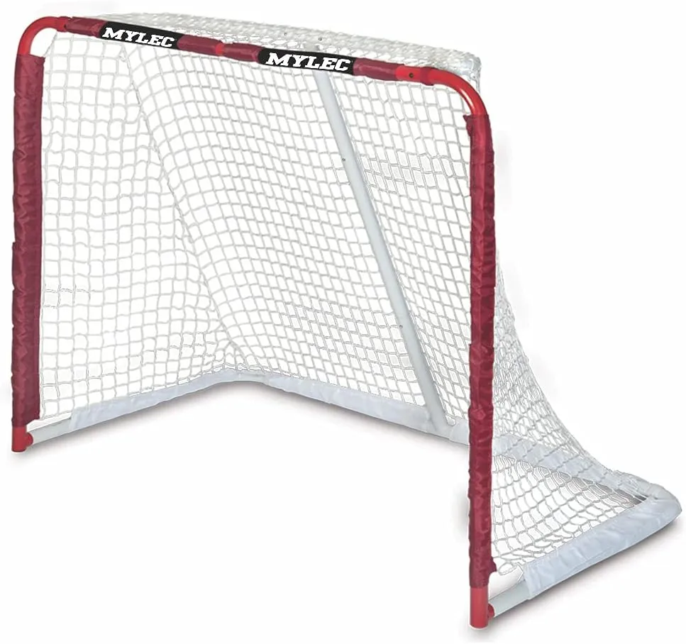 Mylec Steel Junior Hockey Goal for Indoor   Outdoor (52” x 43”), Easy Assembly, Lightweight, Portable, and Net Weave System (Red, 17 Pounds)