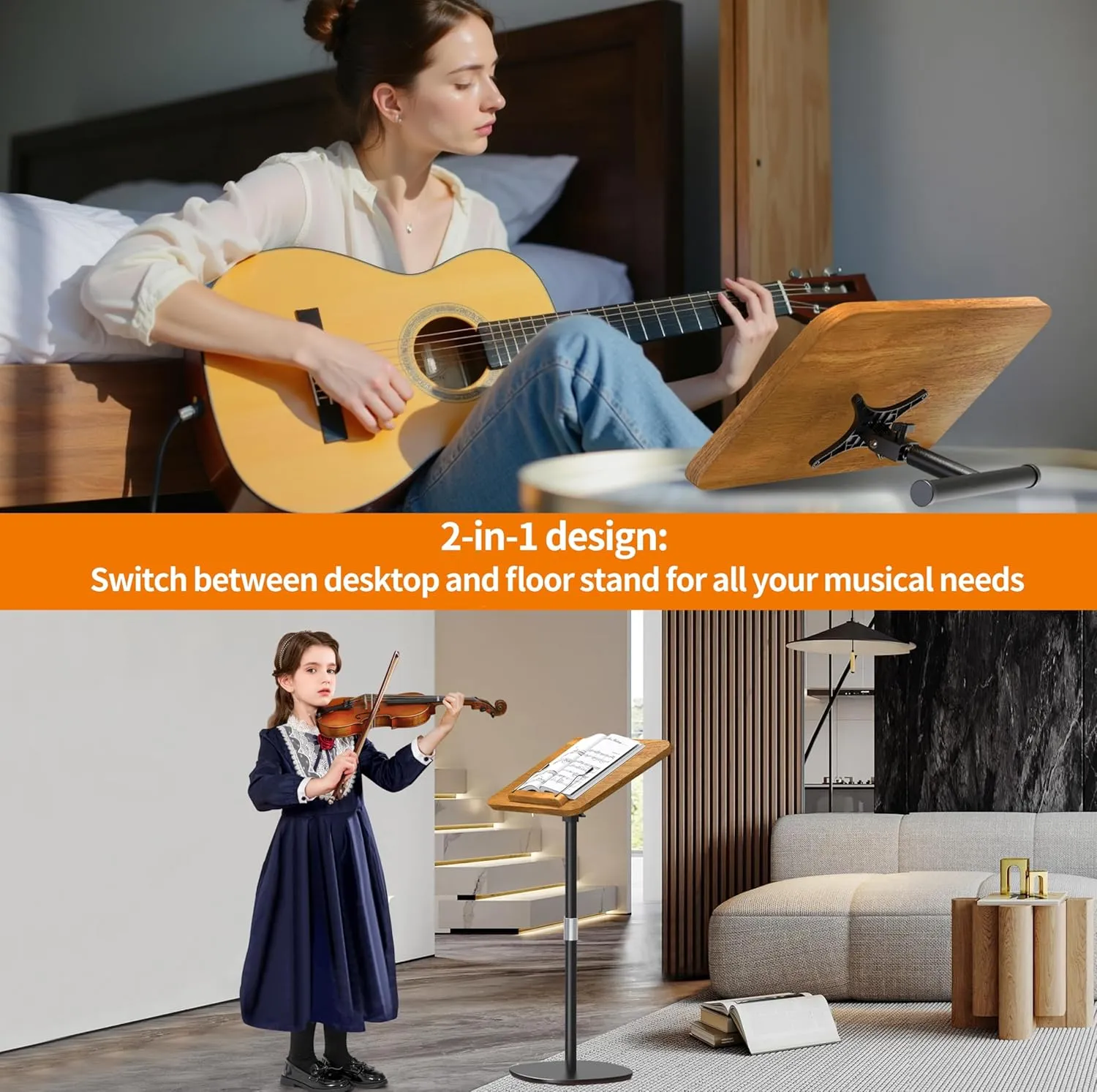 NAMON 2-in-1 Dual-Use Music Stand & Tabletop Stand, Heavy Duty Solid Wooden Music Stand for Sheet Music, Adjustable Height & Angle, With Page Paper Clip, Ideal for Violin Guitar Piano Players