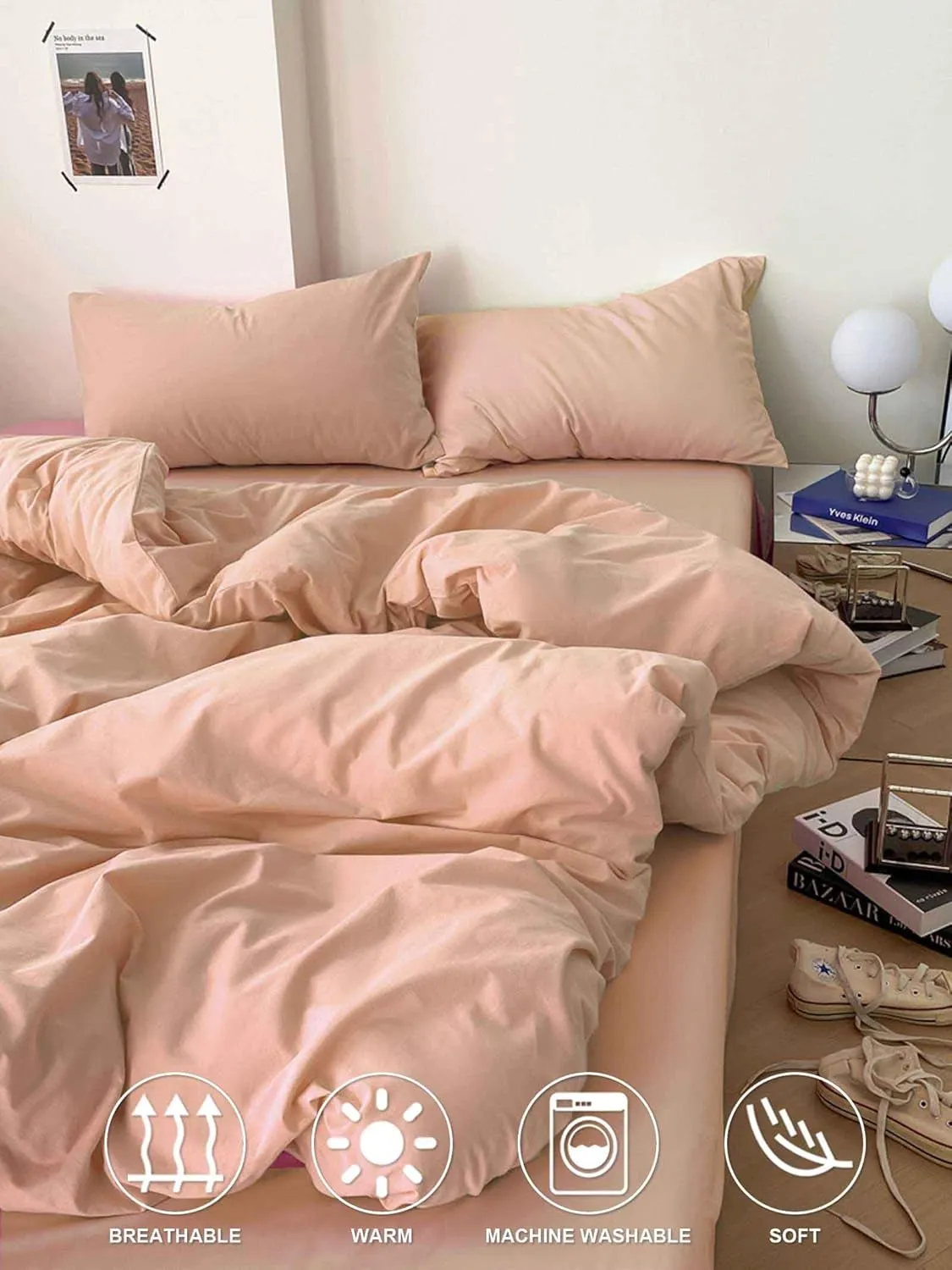 Nanko Peach Coral Queen Size Comforter Set, Soft Microfiber Down Alternative Duvet Insert, Modern Farmhouse Neutral Spring Decor Bedding Sets Bed in a Bag for Women Men Teen Girls, 90 x 90 inch 3pcs