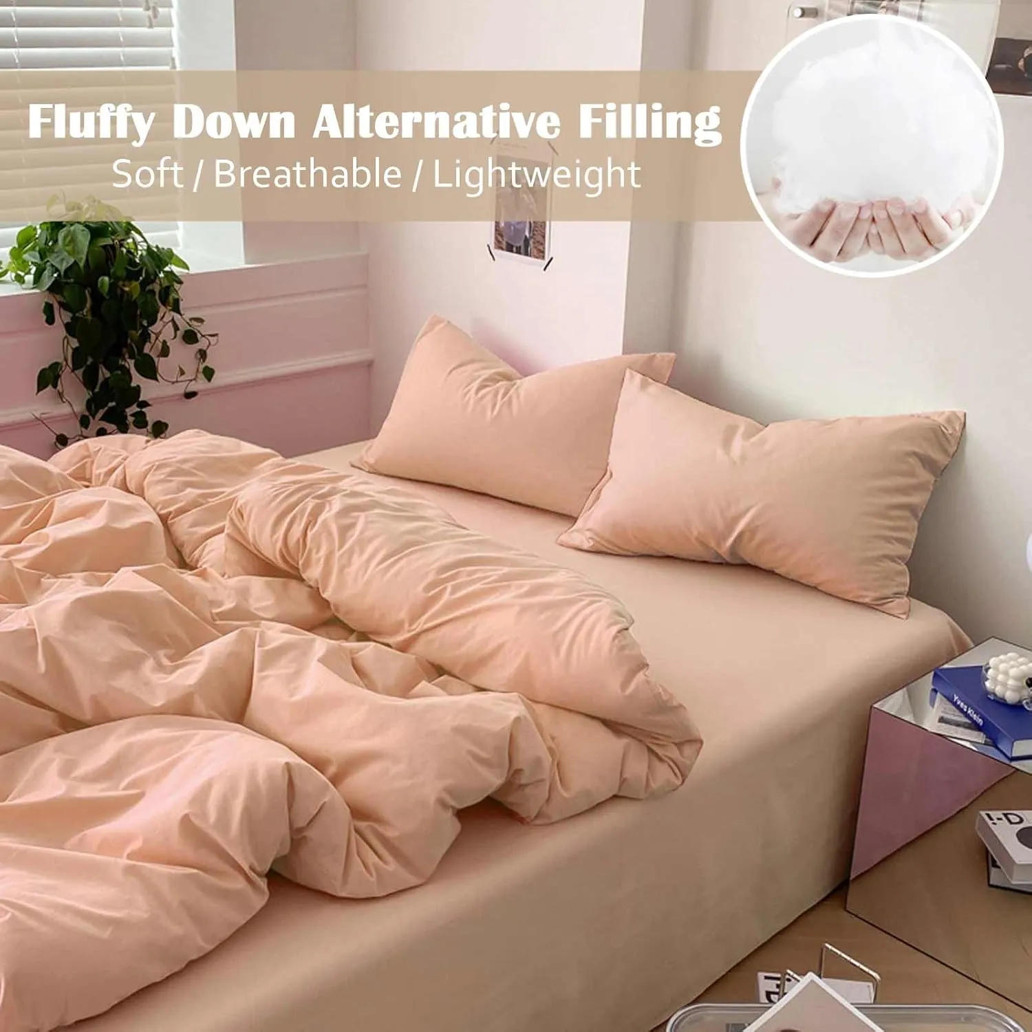 Nanko Peach Coral Queen Size Comforter Set, Soft Microfiber Down Alternative Duvet Insert, Modern Farmhouse Neutral Spring Decor Bedding Sets Bed in a Bag for Women Men Teen Girls, 90 x 90 inch 3pcs