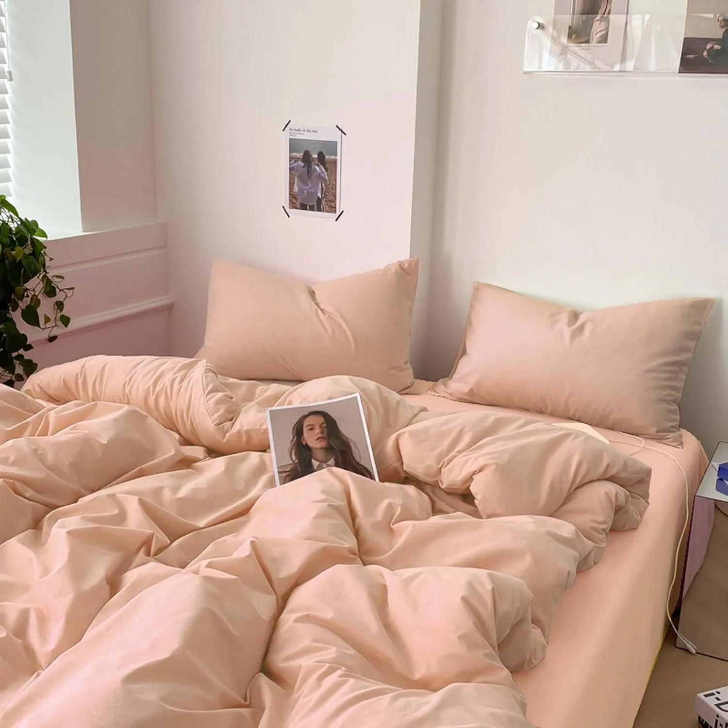 Nanko Peach Coral Queen Size Comforter Set, Soft Microfiber Down Alternative Duvet Insert, Modern Farmhouse Neutral Spring Decor Bedding Sets Bed in a Bag for Women Men Teen Girls, 90 x 90 inch 3pcs