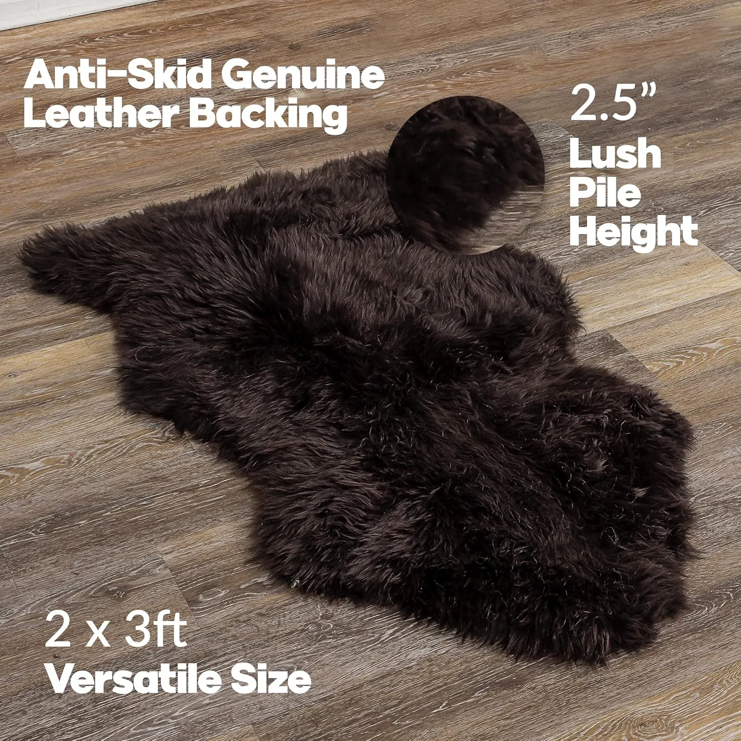 Natural Milan Genuine Sheepskin Area Rugs with Thick and Lush Pile, Fluffy Sheep Fur Rug with Anti-Skid Backing for Bedroom Living Room, Single Pelt, Chocolate 2 ft x 3 ft