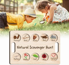 Nature Scavenger Hunt Board for Kids Ages 4-8, Outdoor Game Forest School, Homeschool Preschool Montessori Wooden Game Tray