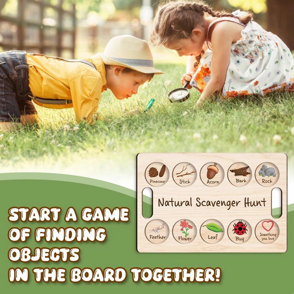 Nature Scavenger Hunt Board for Kids Ages 4-8, Outdoor Game Forest School, Homeschool Preschool Montessori Wooden Game Tray