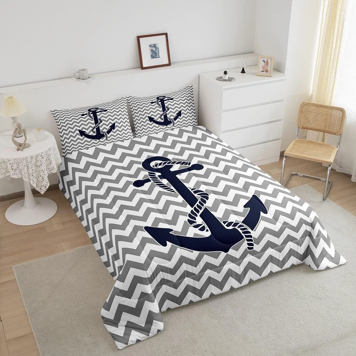 Nautical Anchor Comforter Set Queen Size,Geometric Gray Stripe Bedding Set 3pcs for Kids Teens Adults Room Decor,Ocean Adventure Themed Quilted Duvet Modern Abstract Duvet Insert,2 Pillowcases