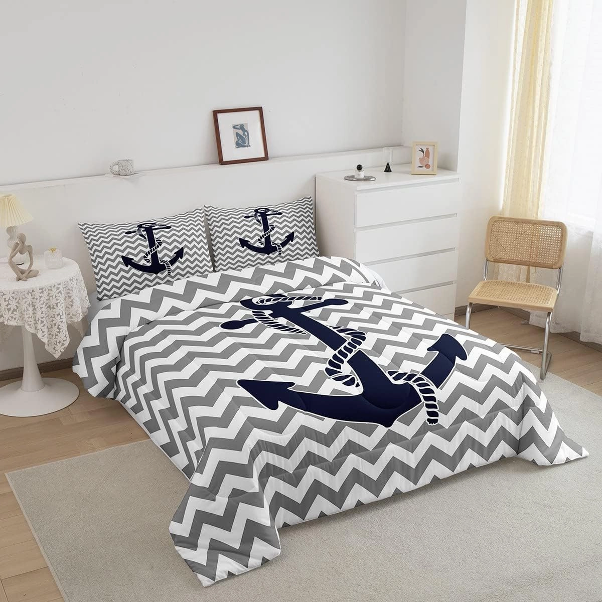 Nautical Anchor Comforter Set Queen Size,Geometric Gray Stripe Bedding Set 3pcs for Kids Teens Adults Room Decor,Ocean Adventure Themed Quilted Duvet Modern Abstract Duvet Insert,2 Pillowcases