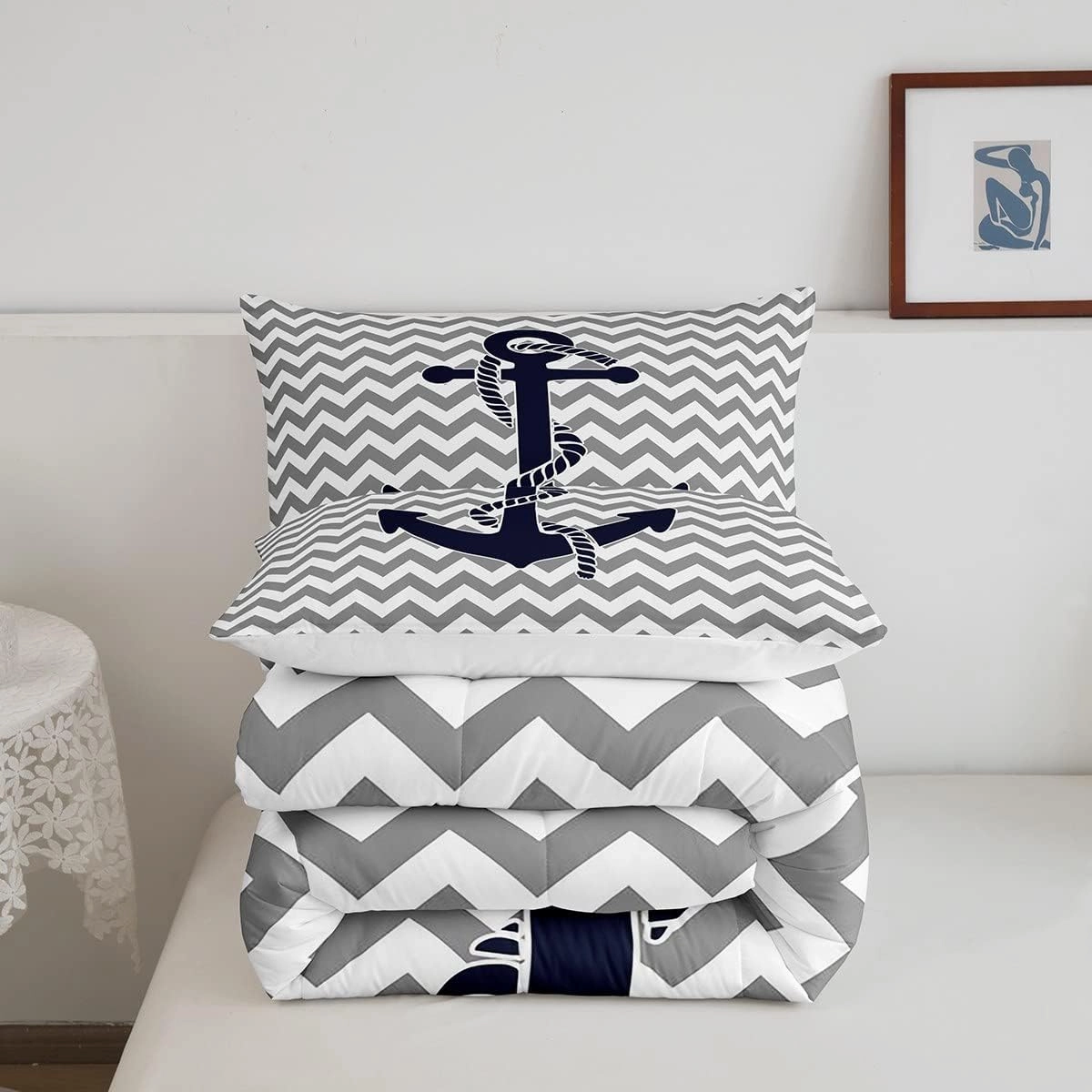 Nautical Anchor Comforter Set Queen Size,Geometric Gray Stripe Bedding Set 3pcs for Kids Teens Adults Room Decor,Ocean Adventure Themed Quilted Duvet Modern Abstract Duvet Insert,2 Pillowcases
